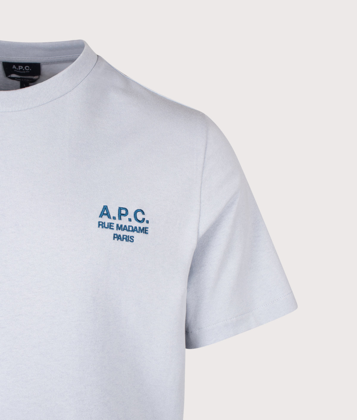 A.P.C. Regular Fit Rue Madame GOTS T-Shirt in Light Blue and Dark Blue at EQVVS Menswear. Detail shot.