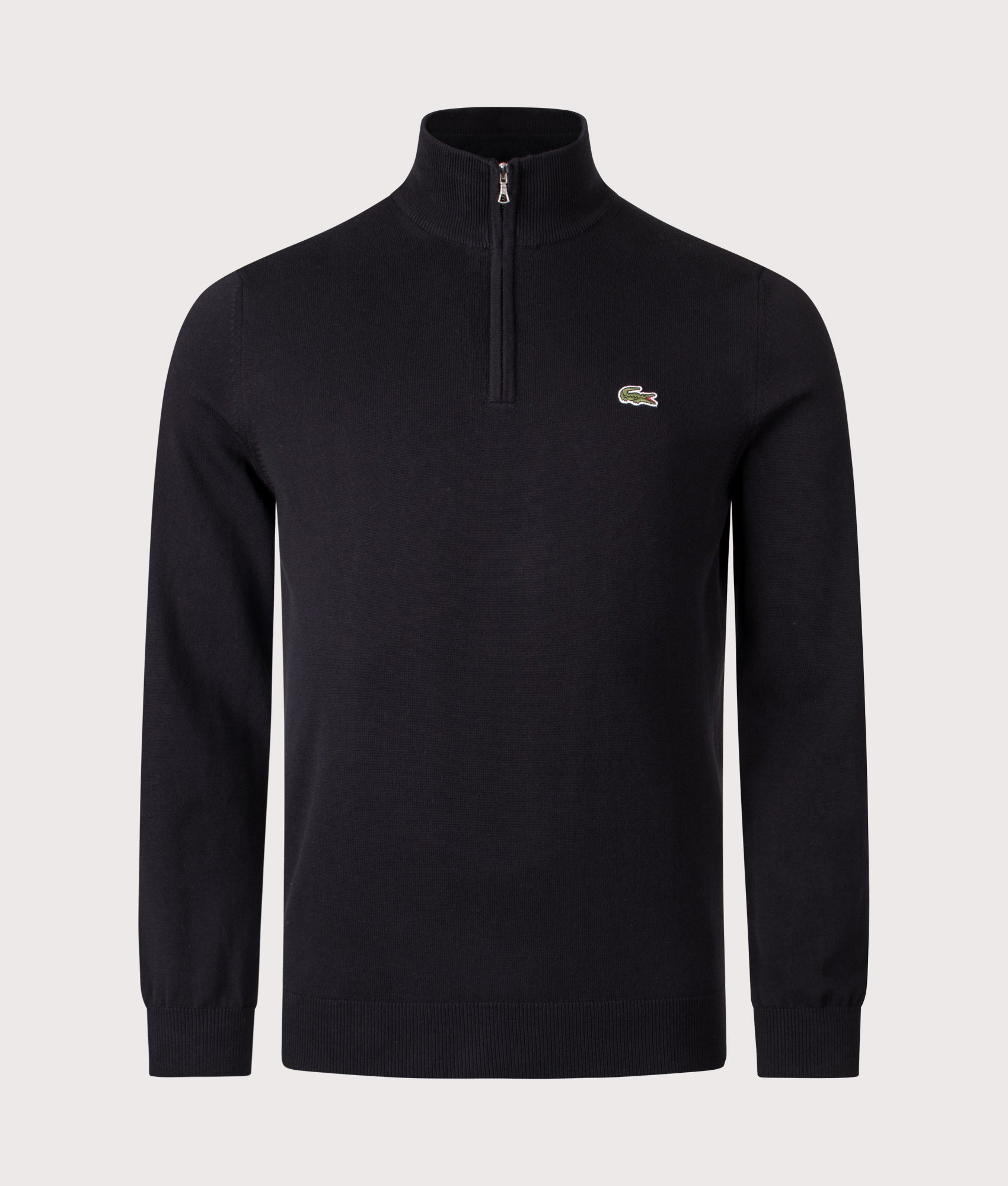 Lacoste Quarter Zip Knit in Black at EQVVS Menswear. Front shot.