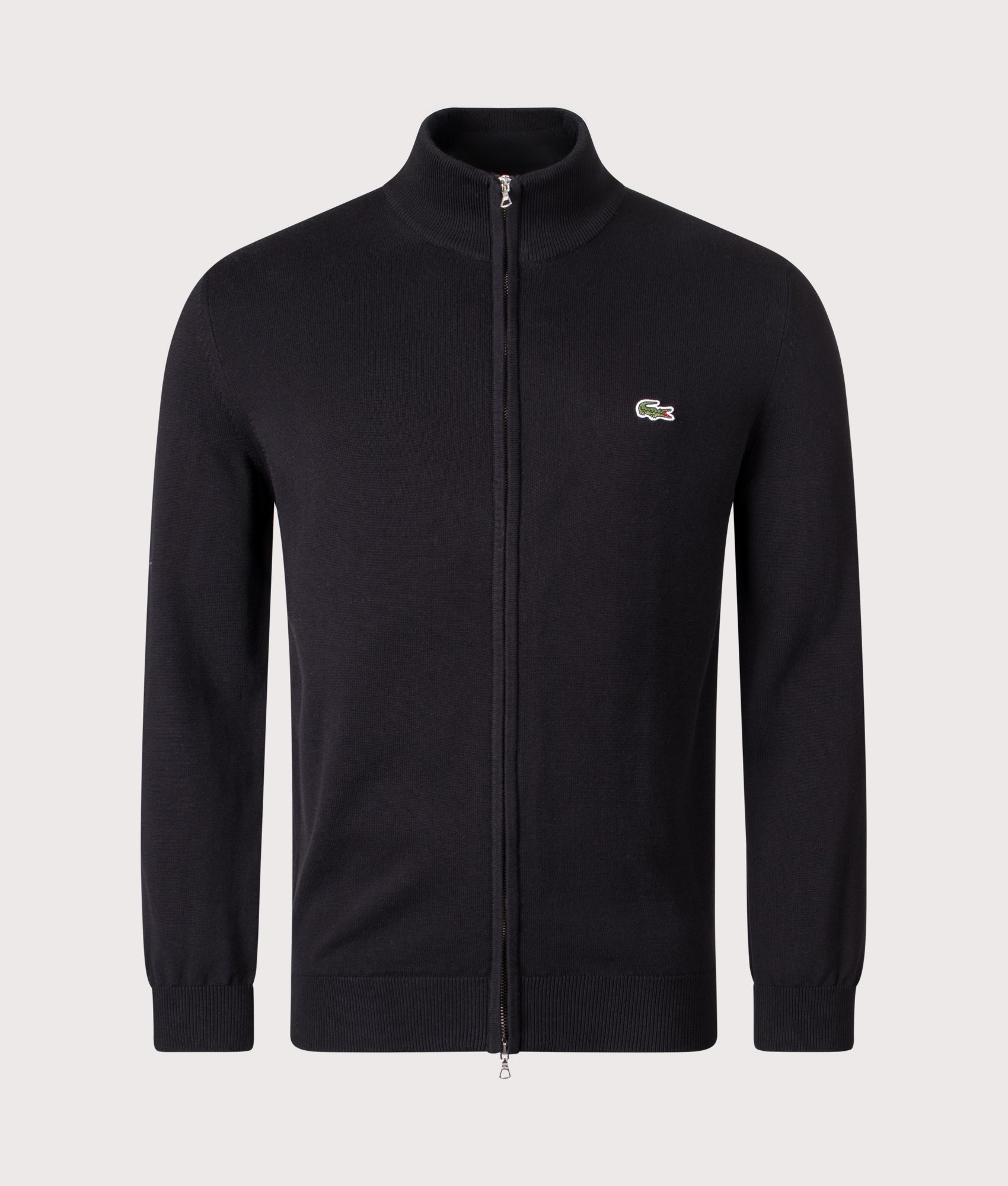 Cotton Zip Through Sweatshirt in Black. | Lacoste | Shot at EQVVS | Front shot 