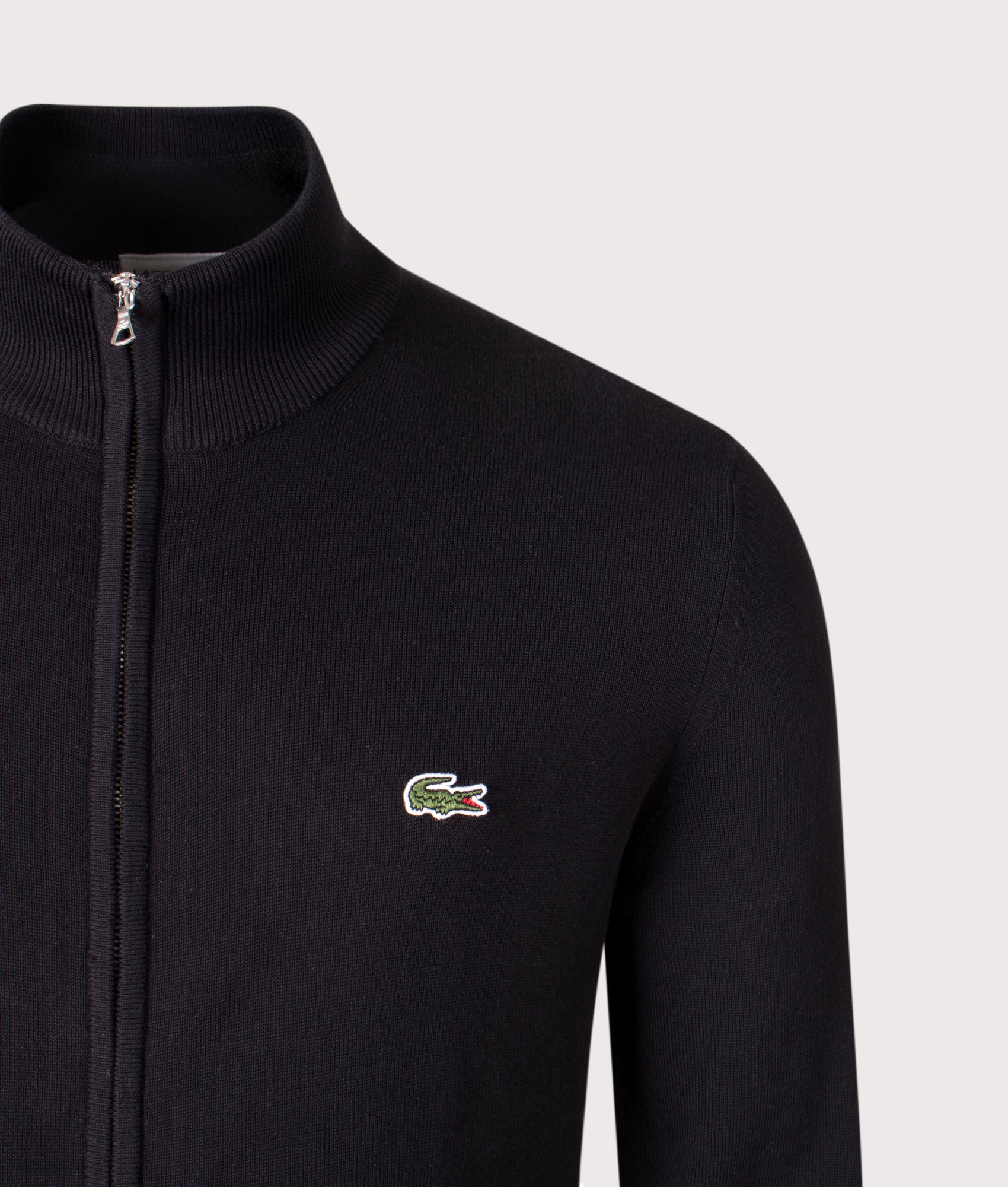 Cotton Zip Through Sweatshirt in Black. | Lacoste | Shot at EQVVS | Front detail shot 