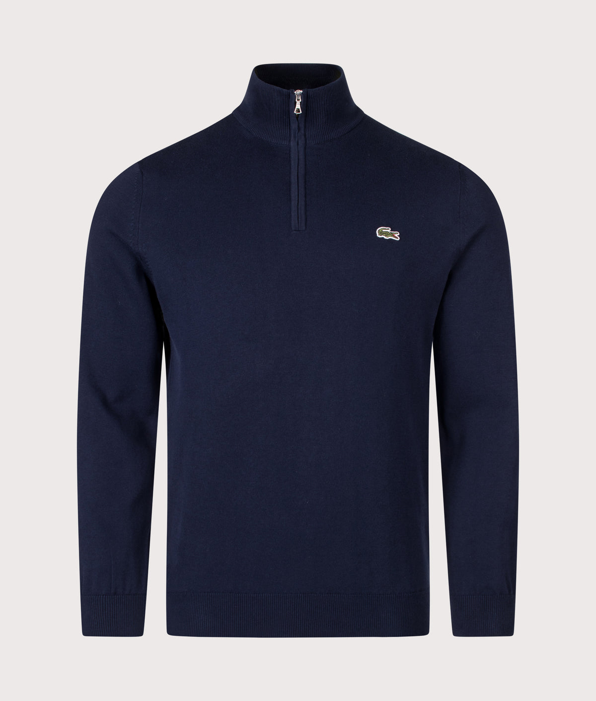 Lacoste Regular Fit Quarter Zip Knit Jumper in Navy Blue at EQVVS Menswear. Front shot.