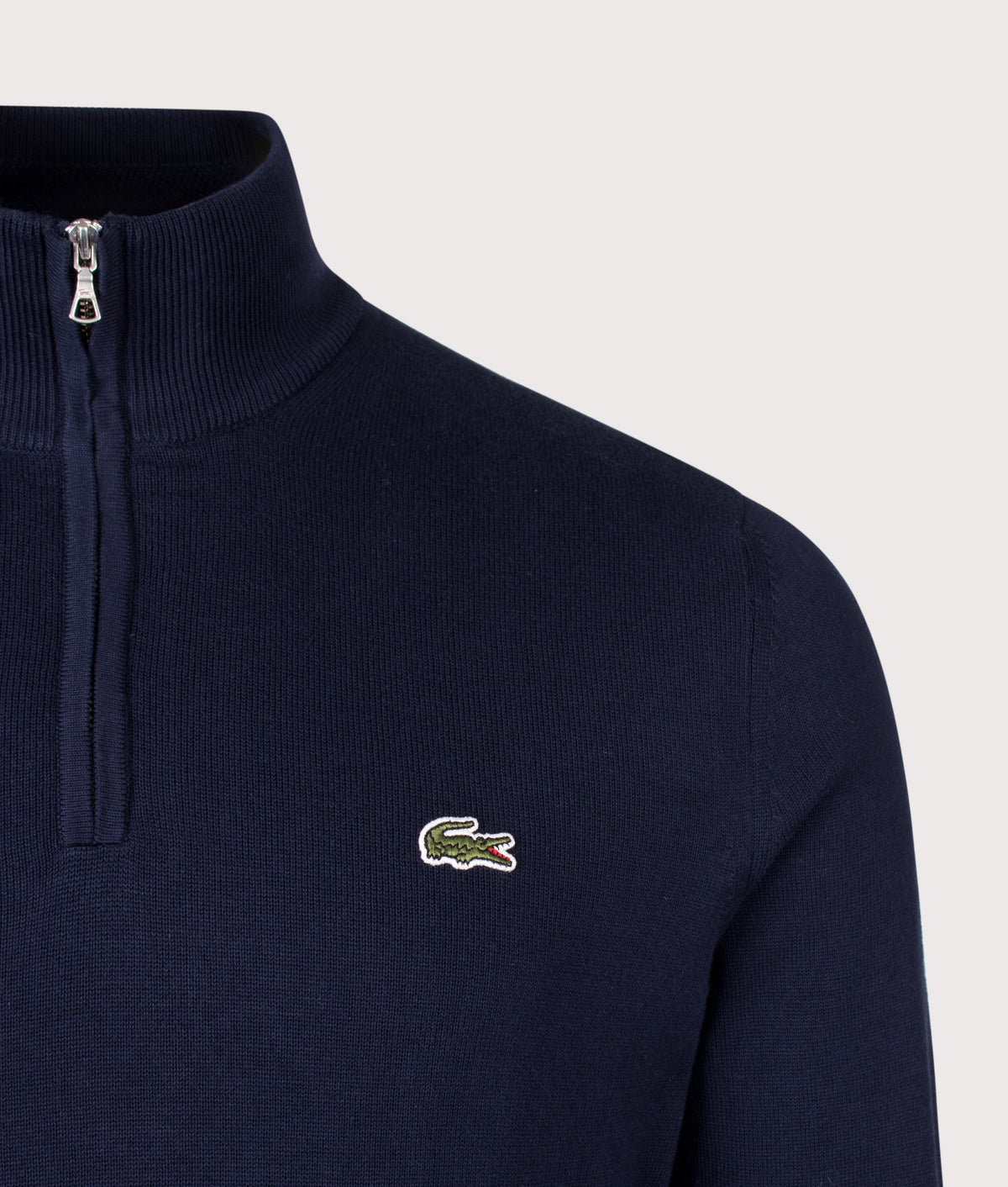 Lacoste Regular Fit Quarter Zip Knit Jumper in Navy Blue at EQVVS Menswear.  Detail shot.