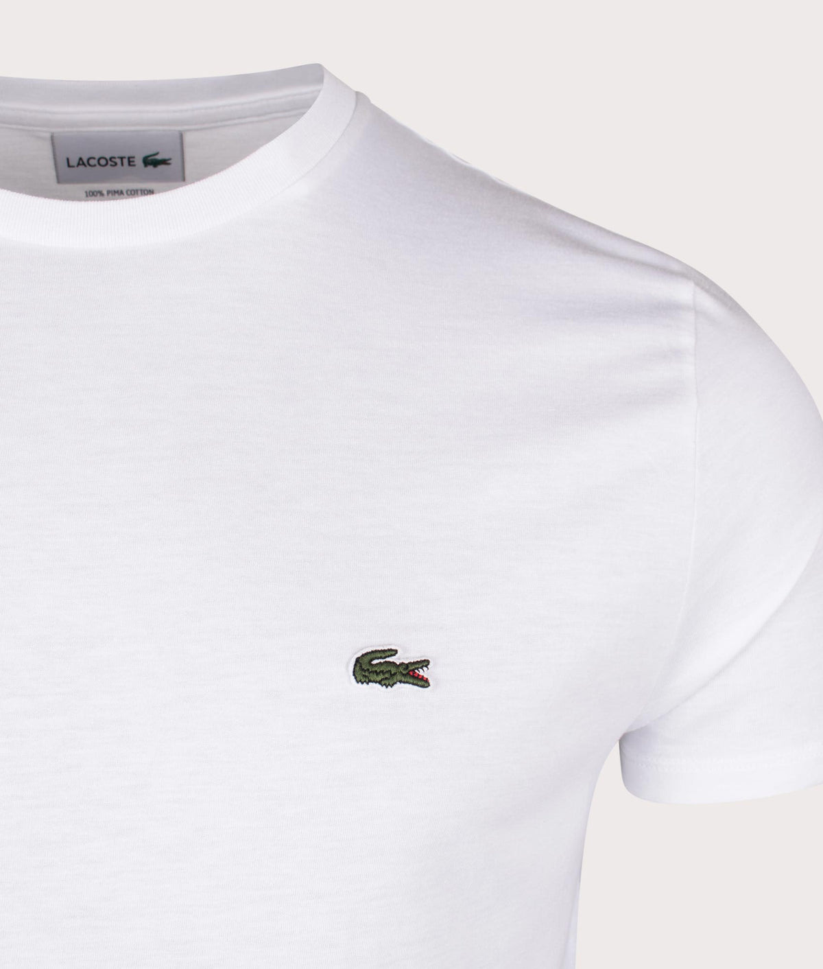 Lacoste Pima Cotton Croc Logo T-Shirt in White at EQVVS Menswear. Detail shot.