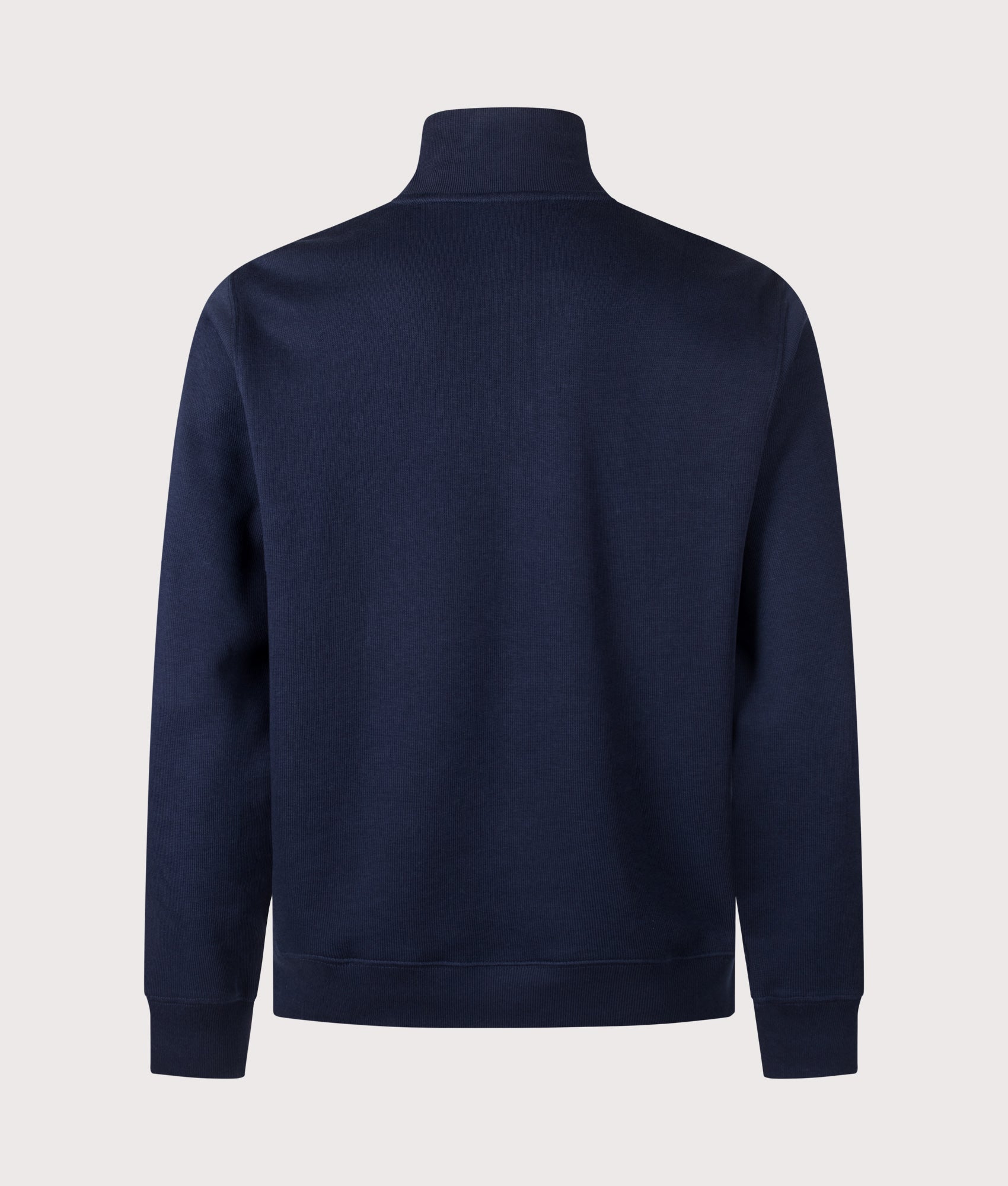 Lacoste Croc Logo Quarter Zip sweatshirt in Navy at EQVVS Menswear. Back shot.