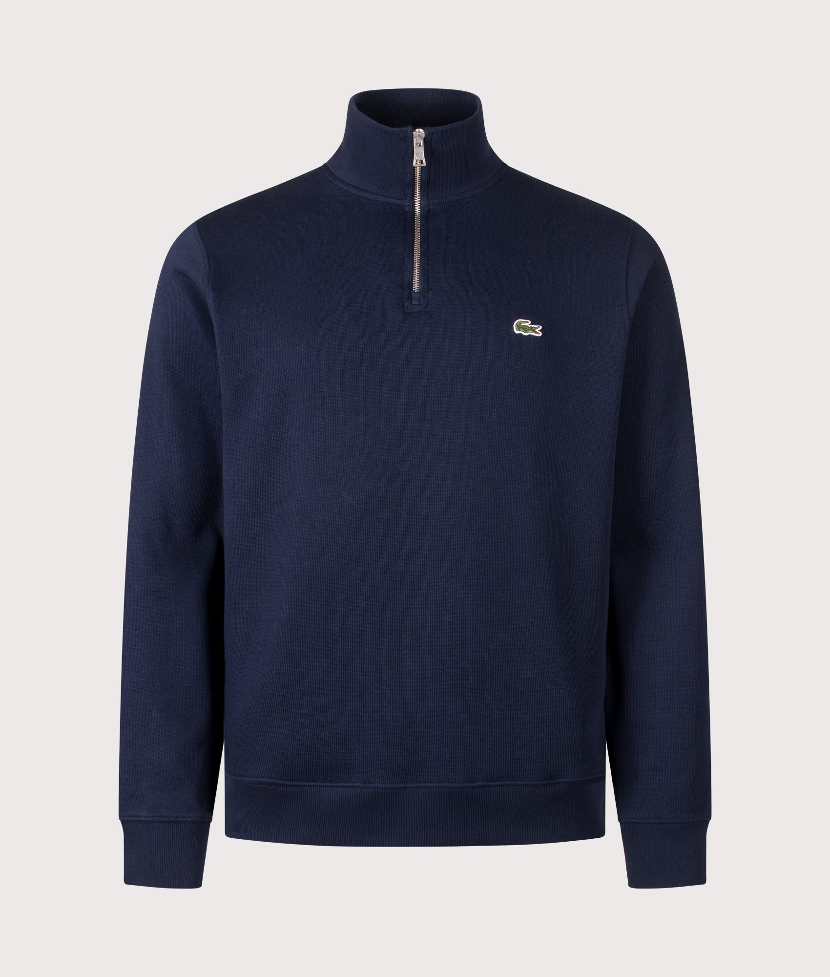 Lacoste Croc Logo Quarter Zip sweatshirt in Navy at EQVVS Menswear. Front shot.