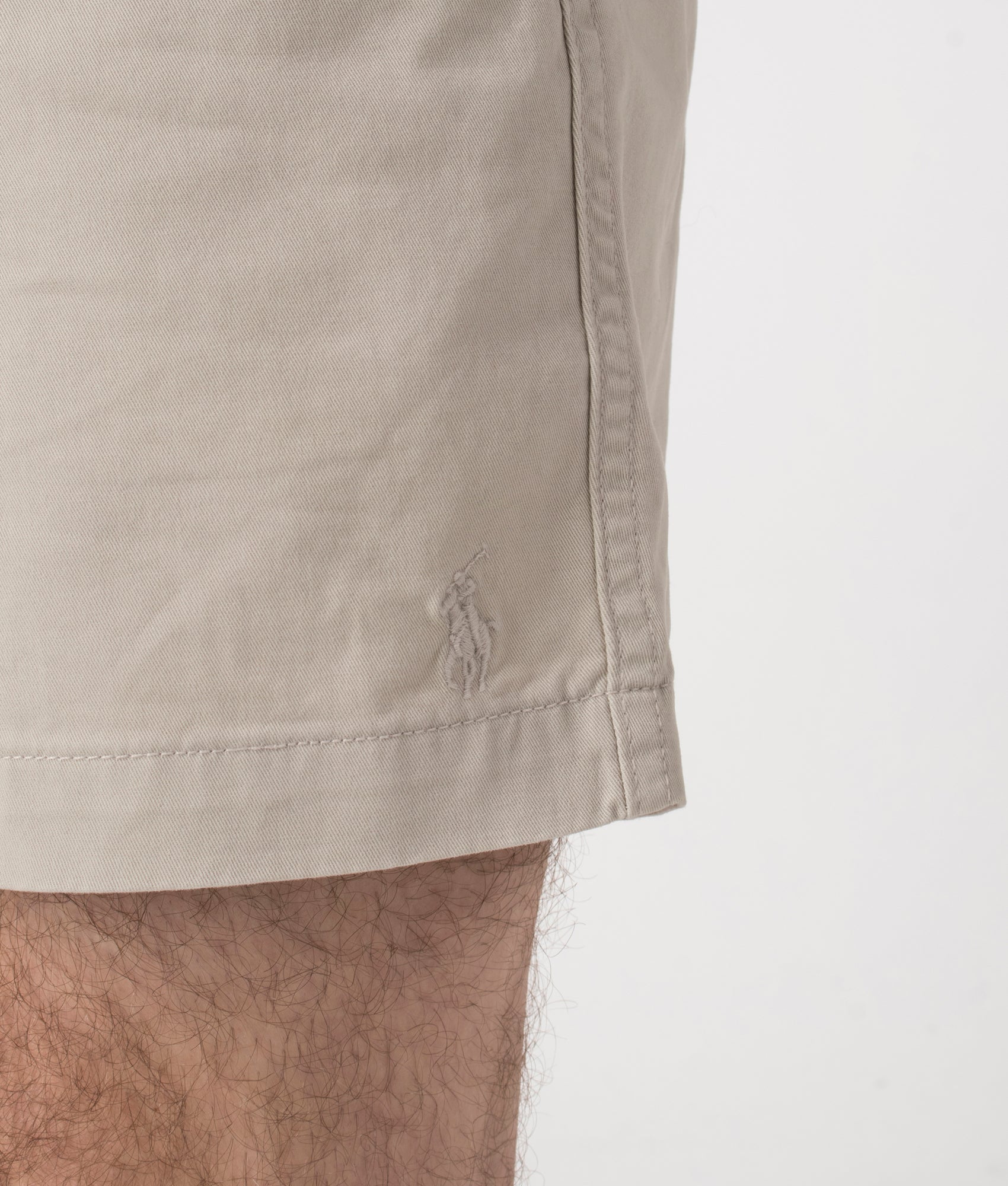 Polo Ralph Lauren Regular Fit Prepster Stretch Twill Chino Shorts in beige at EQVVS. Detail Shot.