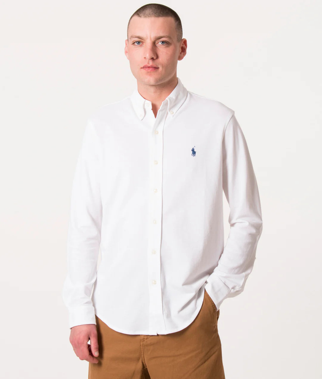 Polo Ralph Lauren Featherweight Mesh Shirt in white. EQVVS Model Shot.
