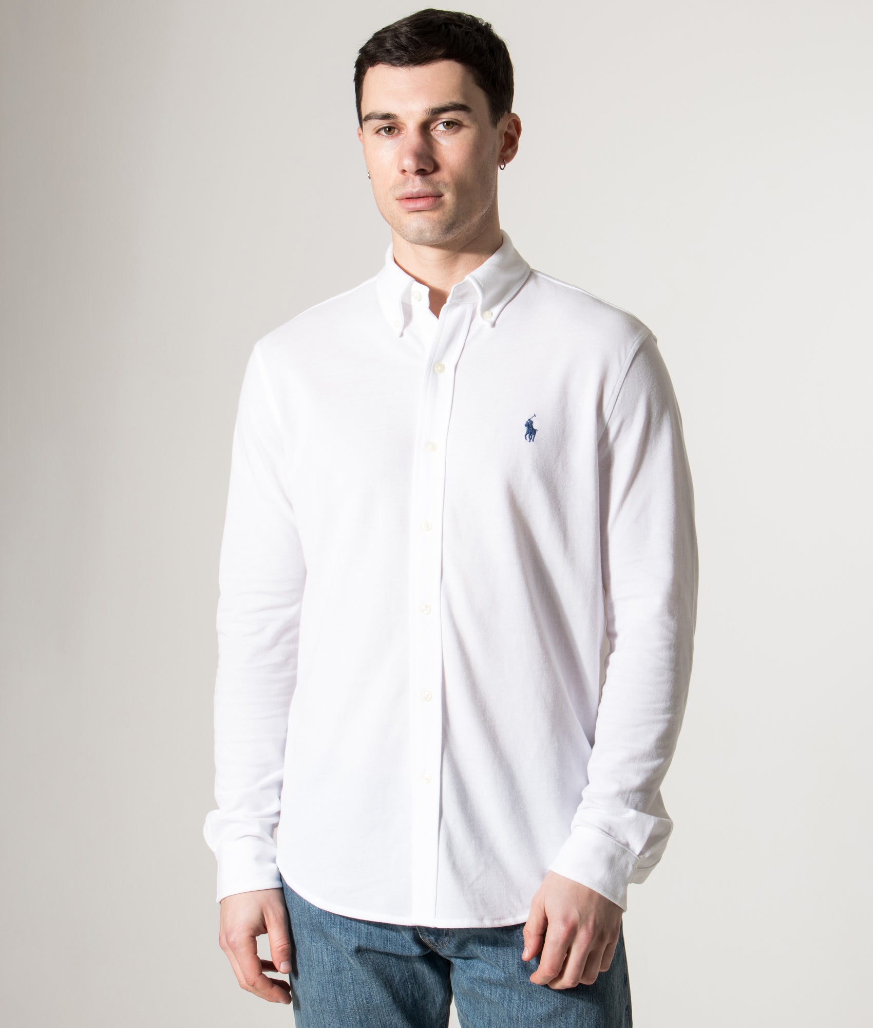 Polo Ralph Lauren Relaxed Fit Featherweight Mesh Shirt in White at EQVVS Menswear. Model front shot.
