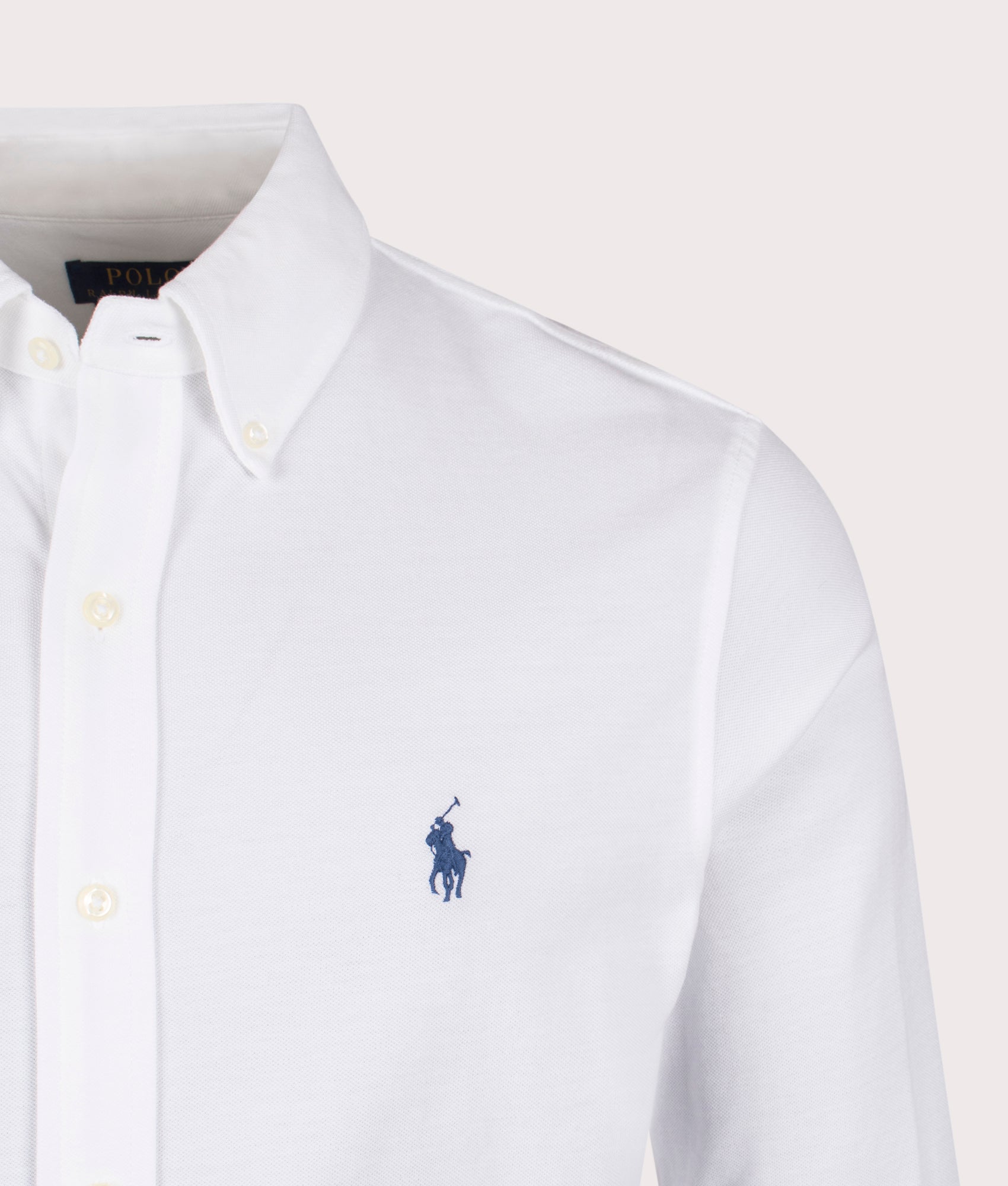 Polo Ralph Lauren Relaxed Fit Featherweight Mesh Shirt in White at EQVVS Menswear. Detail shot.