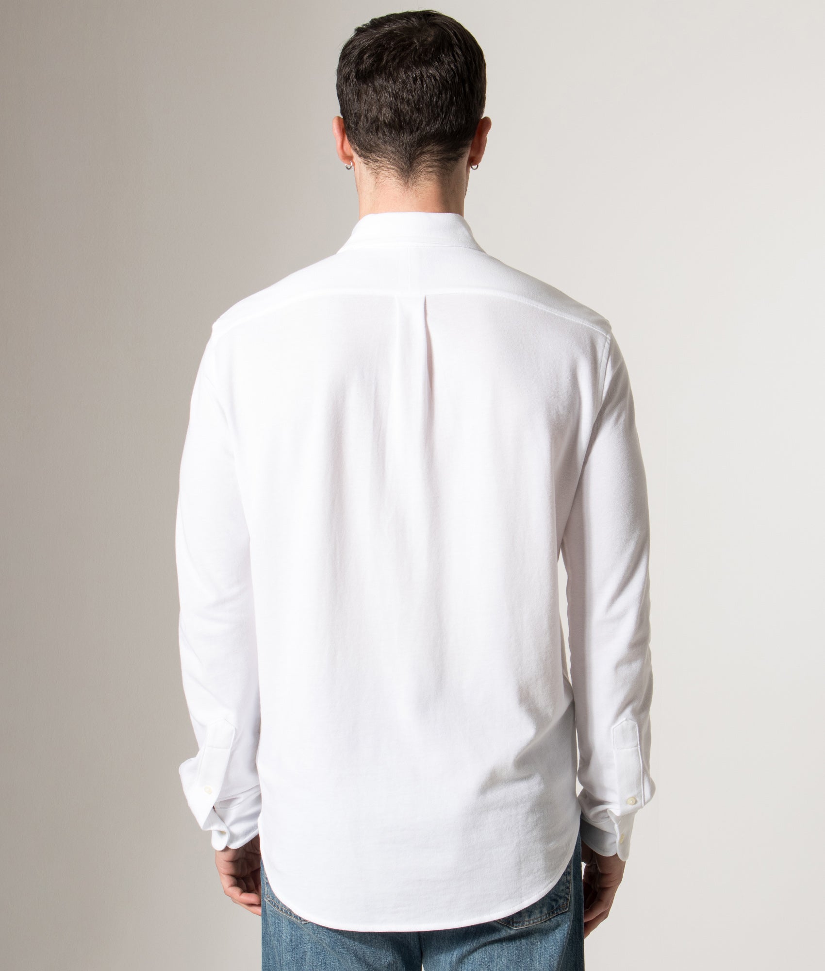 Polo Ralph Lauren Relaxed Fit Featherweight Mesh Shirt in White at EQVVS Menswear. Model back shot.