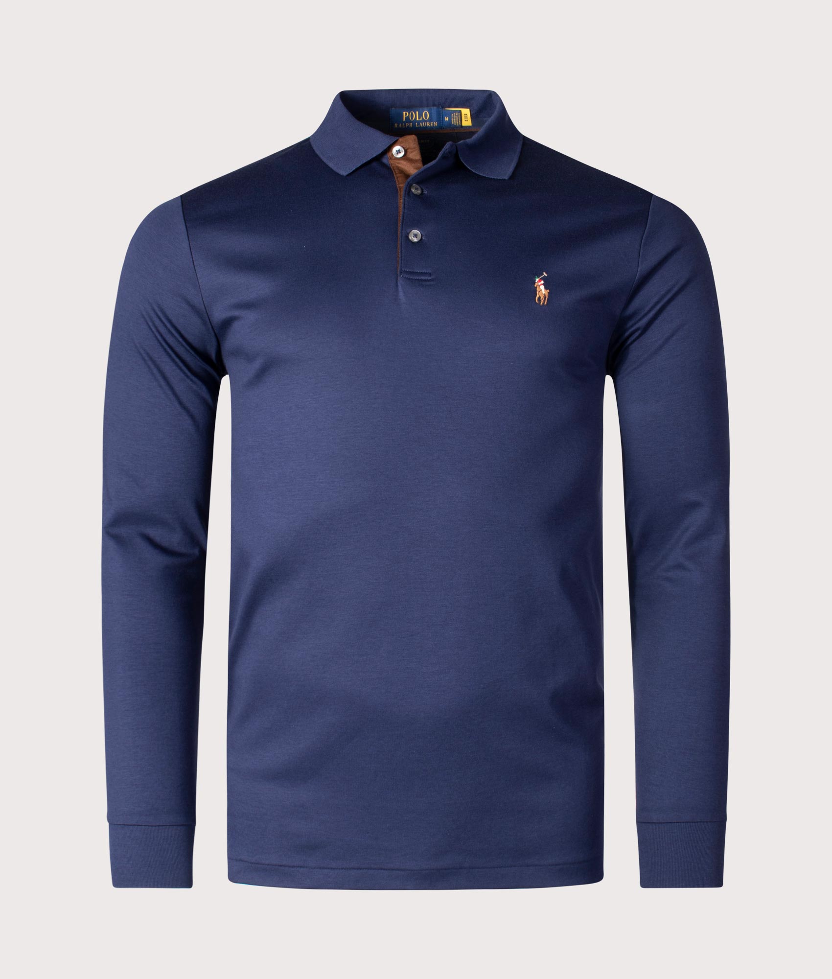 Custom Slim Fit Long Sleeve Soft Cotton Polo Shirt in French Navy at EQVVS Menswear. Front shot.
