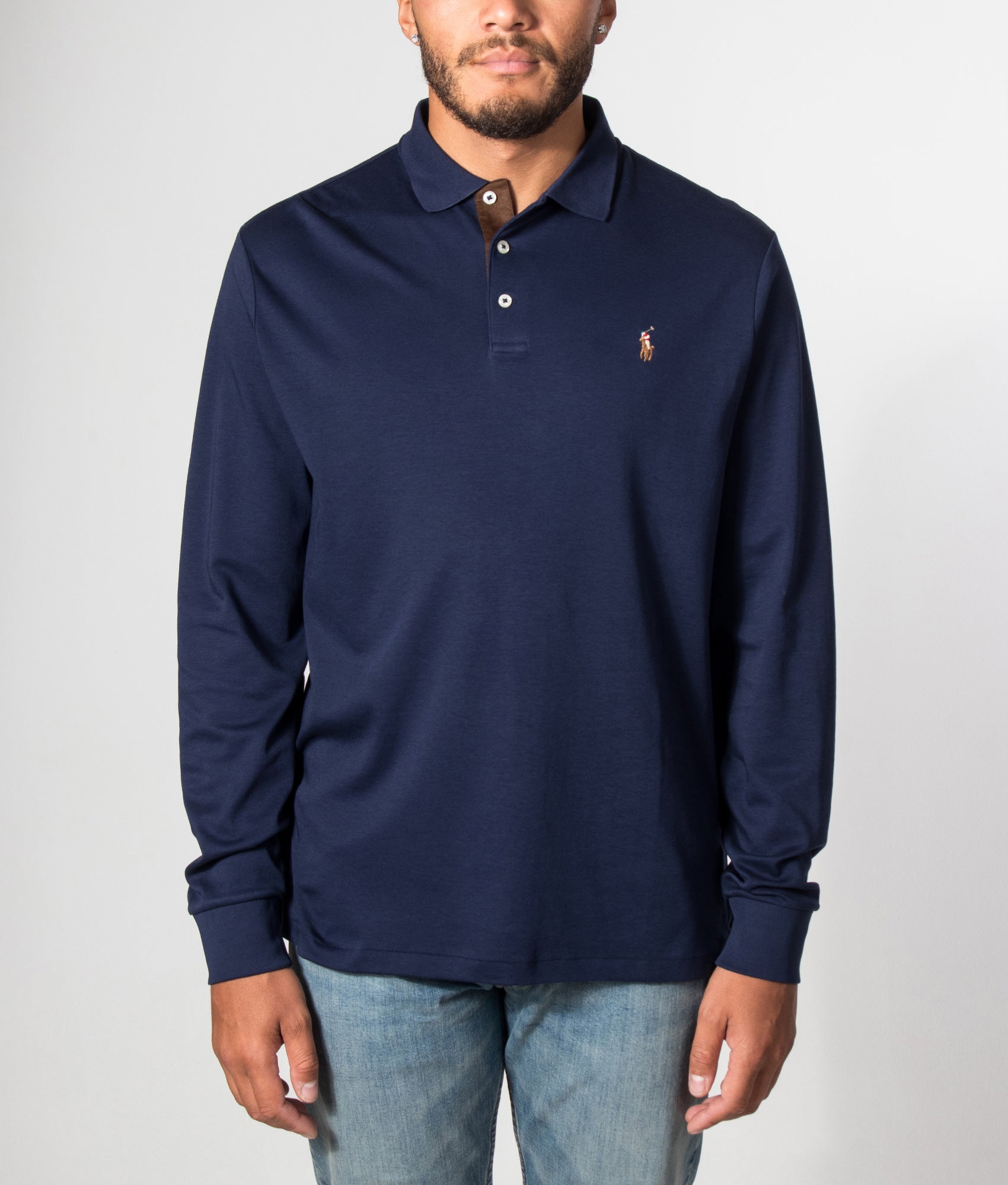 Polo Ralph Lauren Custom Slim Fit Long Sleeve Soft Cotton Polo Shirt in French Navy at EQVVS Menswear. Model front shot.