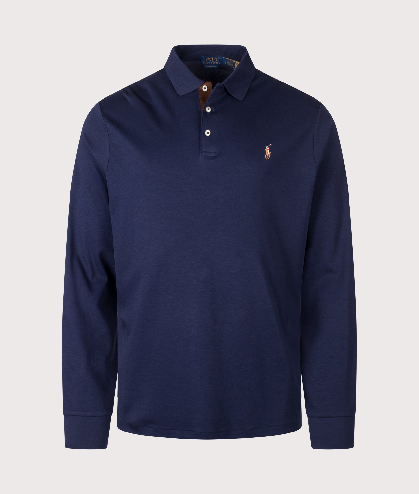 Polo Ralph Lauren Custom Slim Fit Long Sleeve Soft Cotton Polo Shirt in French Navy at EQVVS Menswear. Front shot.