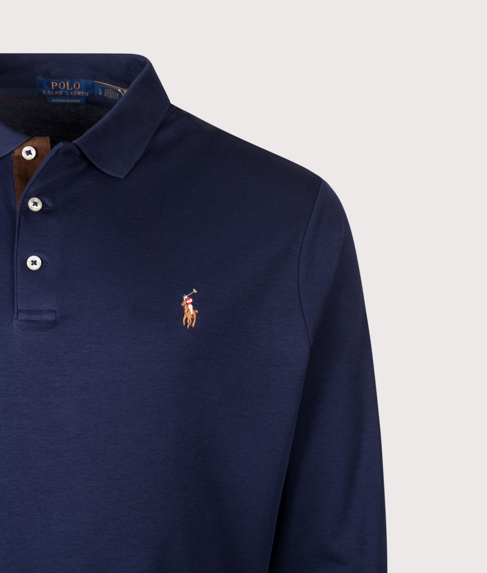 Polo Ralph Lauren Custom Slim Fit Long Sleeve Soft Cotton Polo Shirt in French Navy at EQVVS Menswear. Detail shot.