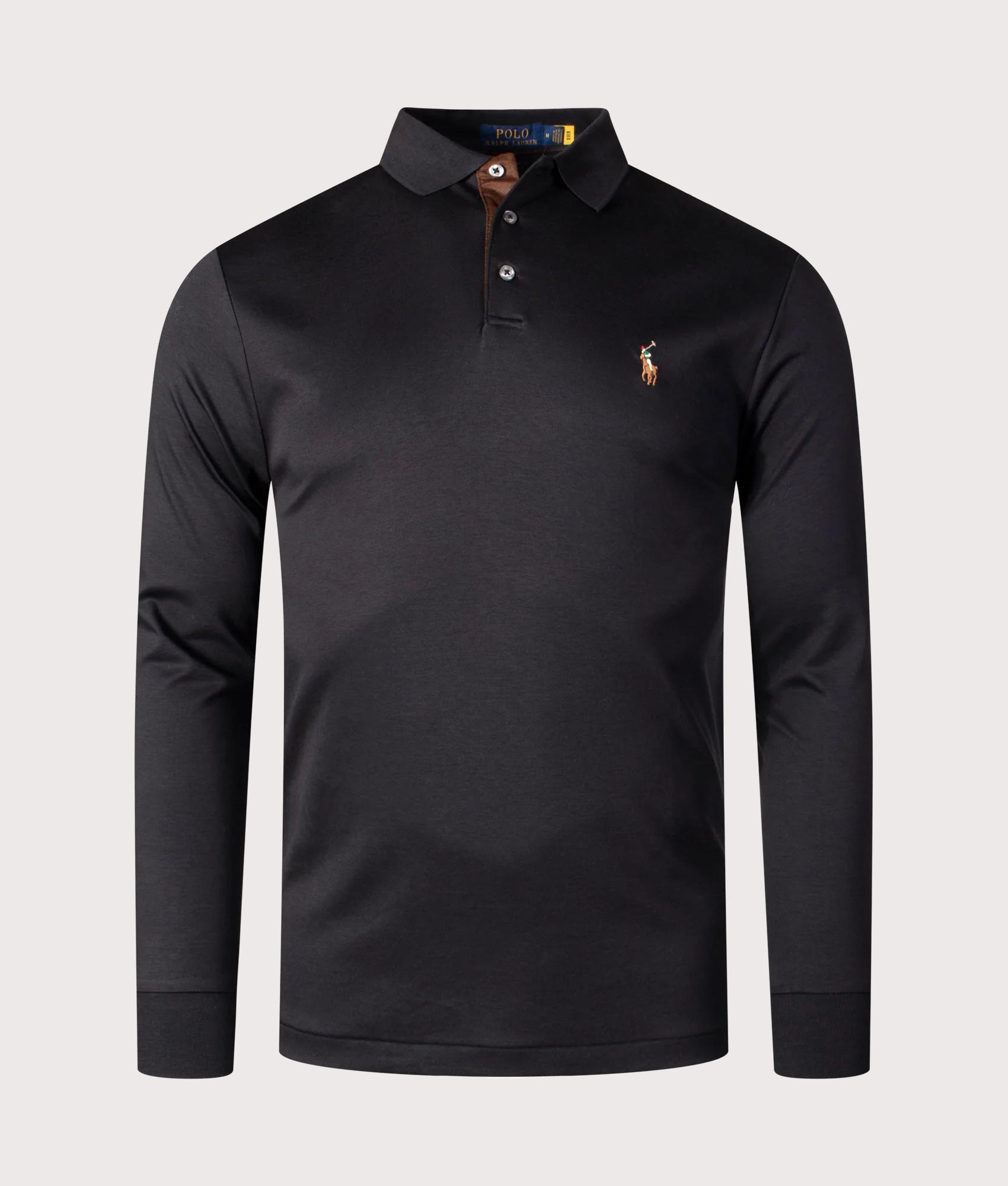Custom Slim Fit Long Sleeve Soft Cotton Polo Shirt in Polo Black at EQVVS Menswear. Front shot.
