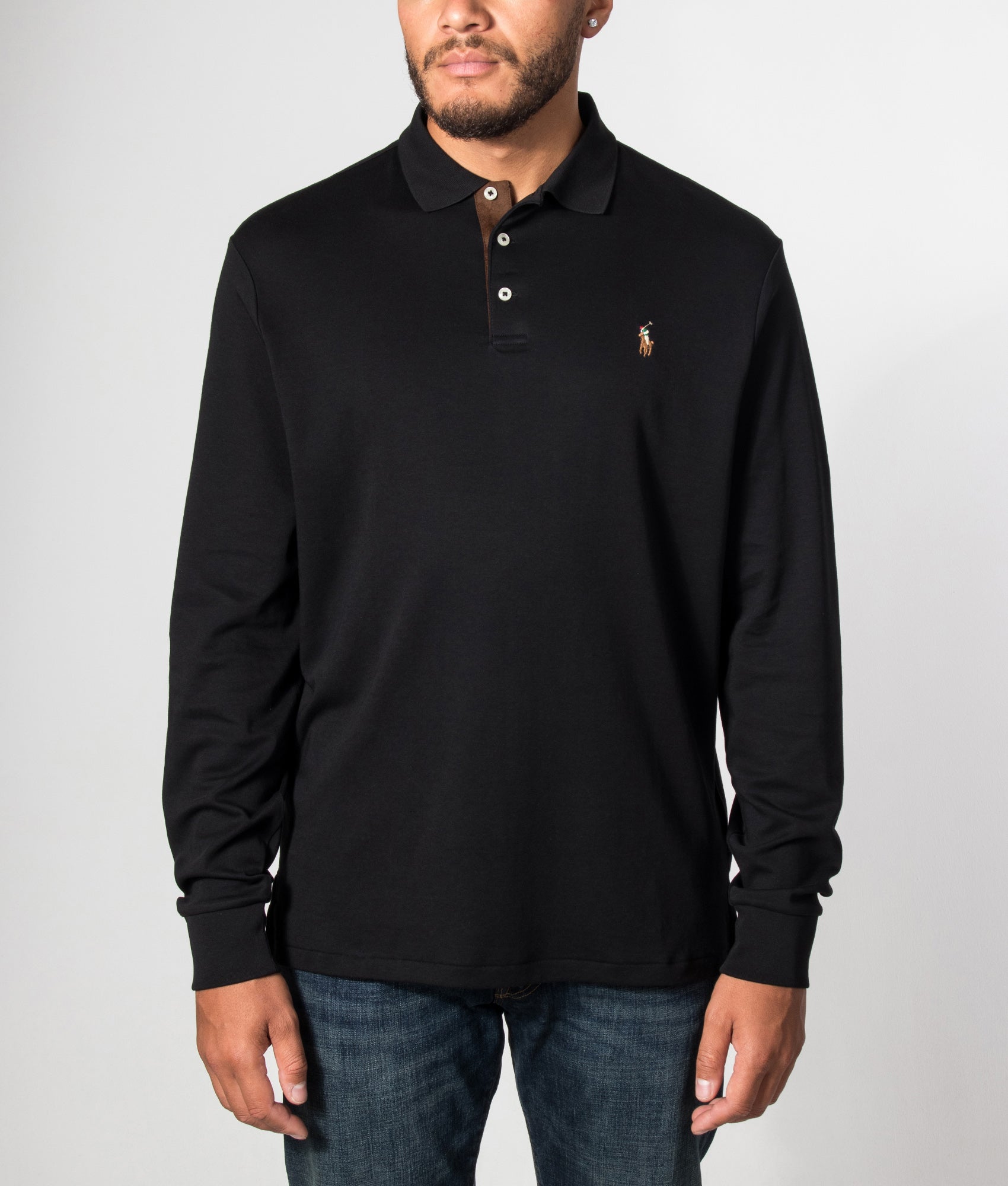 Polo Ralph Lauren Custom Slim Fit Long Sleeve Soft Cotton Polo Shirt in Polo Black at EQVVS Menswear. Model front shot.