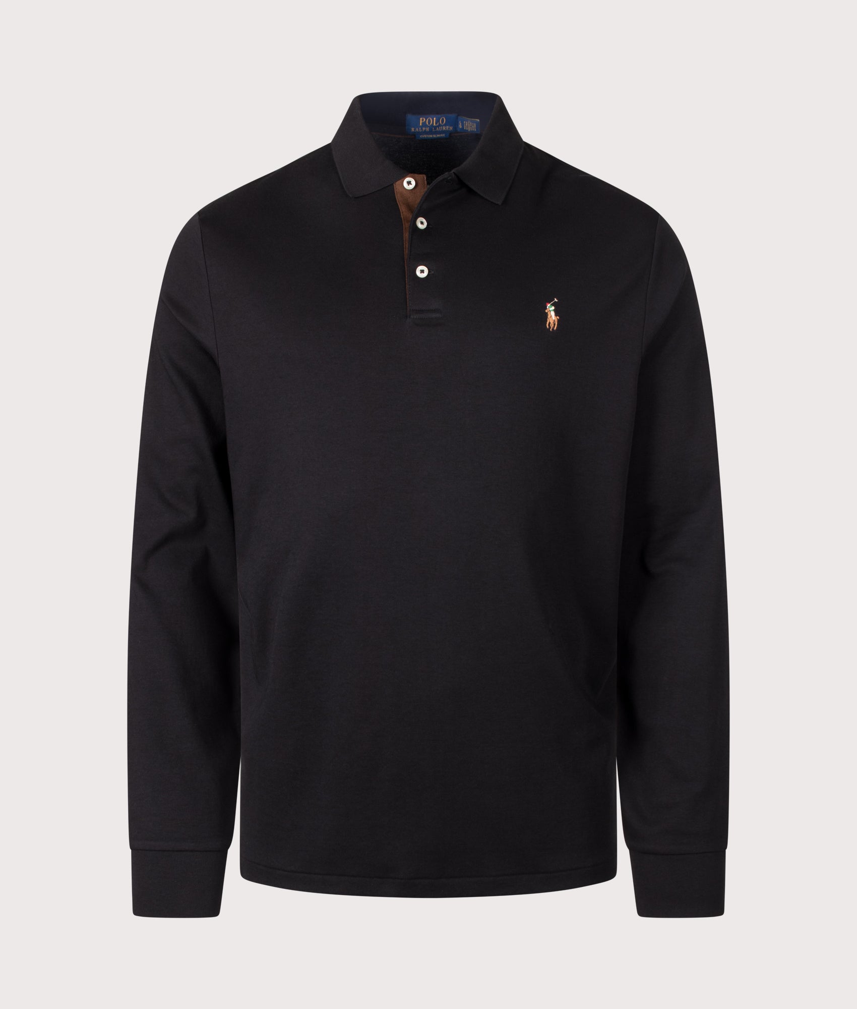 Polo Ralph Lauren Custom Slim Fit Long Sleeve Soft Cotton Polo Shirt in Polo Black at EQVVS Menswear. Front shot.