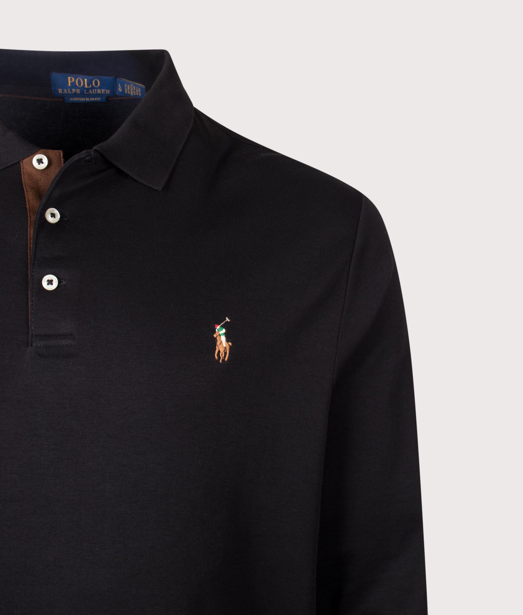 Polo Ralph Lauren Custom Slim Fit Long Sleeve Soft Cotton Polo Shirt in Polo Black at EQVVS Menswear. Detail shot.