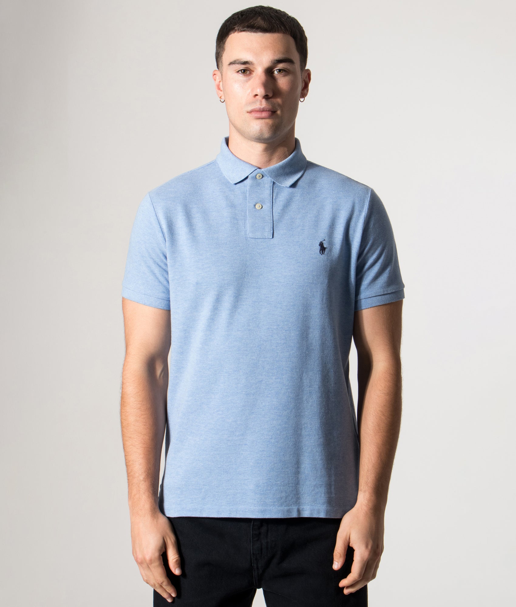Polo Ralph Lauren Custom Slim Fit Mesh Polo Shirt in Jamaica Heather at EQVVS Menswear. Model Front Shot