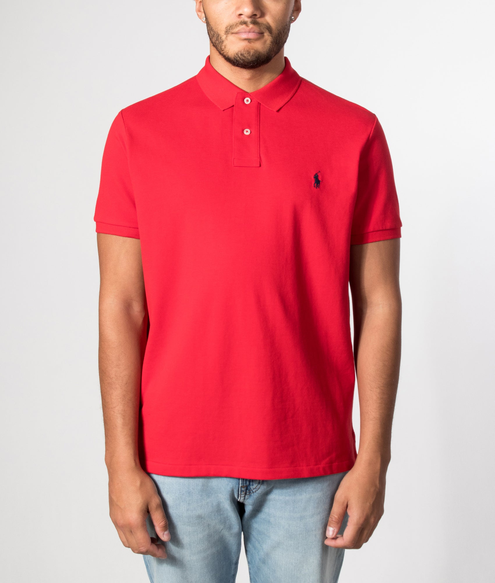 Polo Ralph Lauren The Iconic Mesh Polo Shirt in Red at EQVVS Menswear. Model front shot.