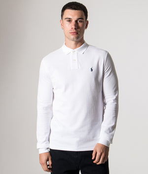 Polo Ralph Lauren Custom Slim Fit Long Sleeve Polo Shirt in White at EQVVS Menswear. Model Front Shot