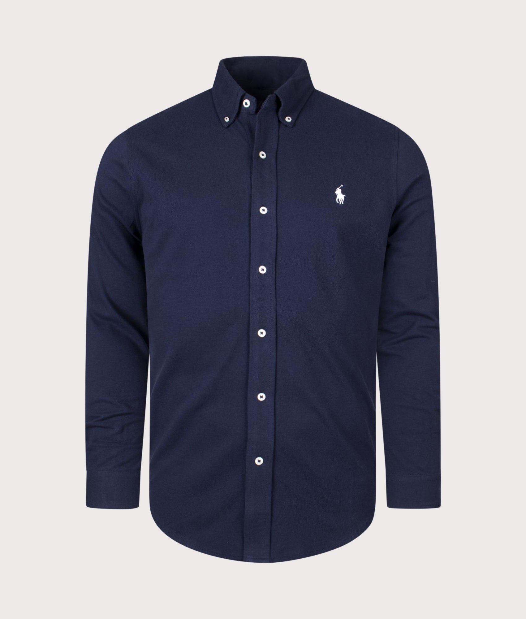 Polo Ralph Lauren Relaxed Fit Featherweight Mesh Shirt in Aviator Navy at EQVVS Menswear. Front shot.