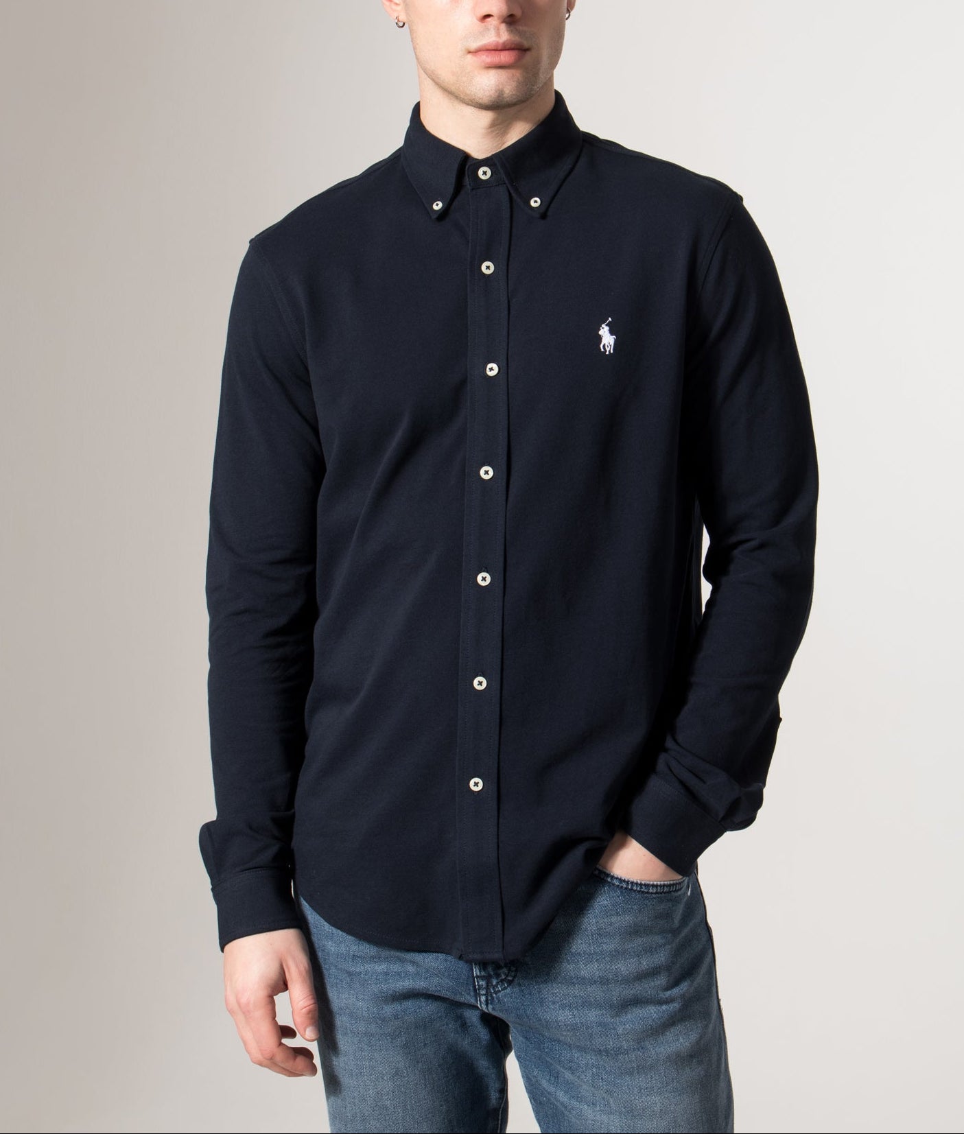 Polo Ralph Lauren Relaxed Fit Featherweight Mesh Shirt in Aviator Navy at EQVVS Menswear. Model front shot.