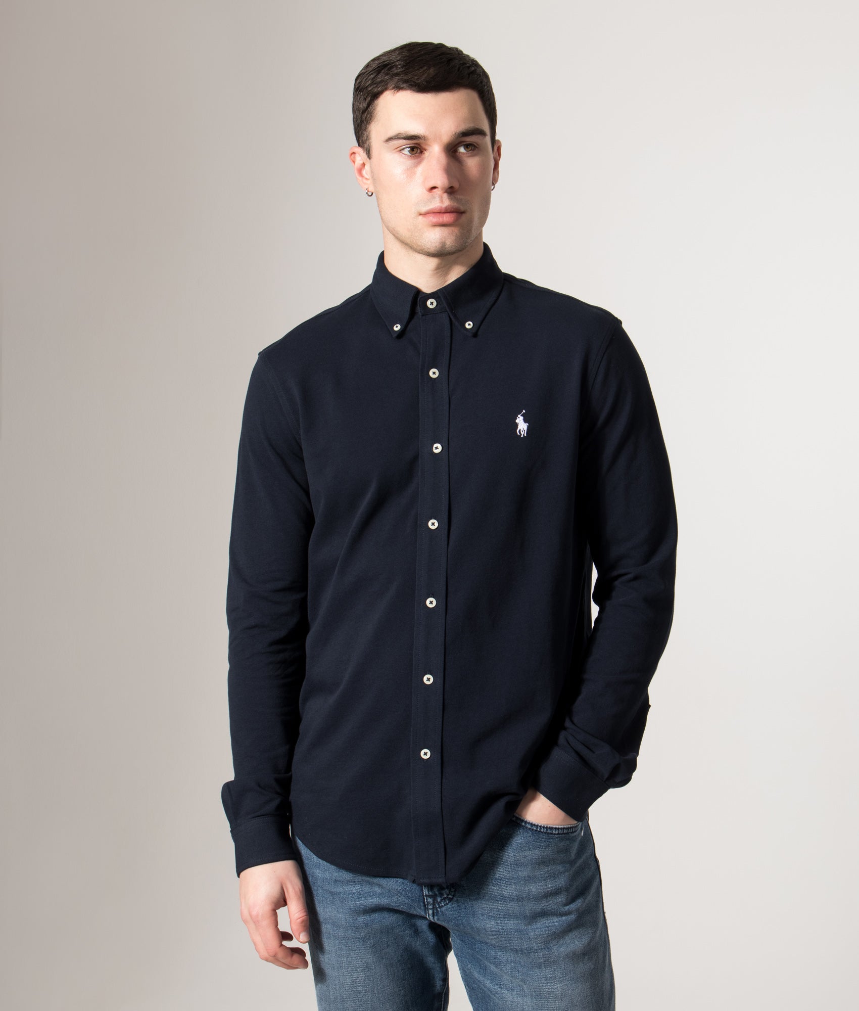 Polo Ralph Lauren Relaxed Fit Featherweight Mesh Shirt in Aviator Navy at EQVVS Menswear. Model front shot.