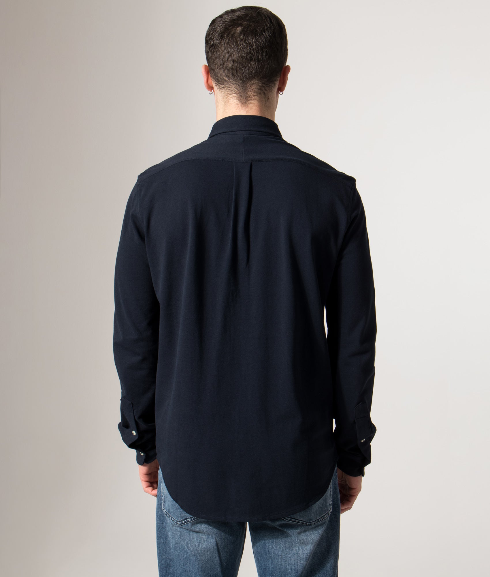 Polo Ralph Lauren Relaxed Fit Featherweight Mesh Shirt in Aviator Navy at EQVVS Menswear. Model back shot.