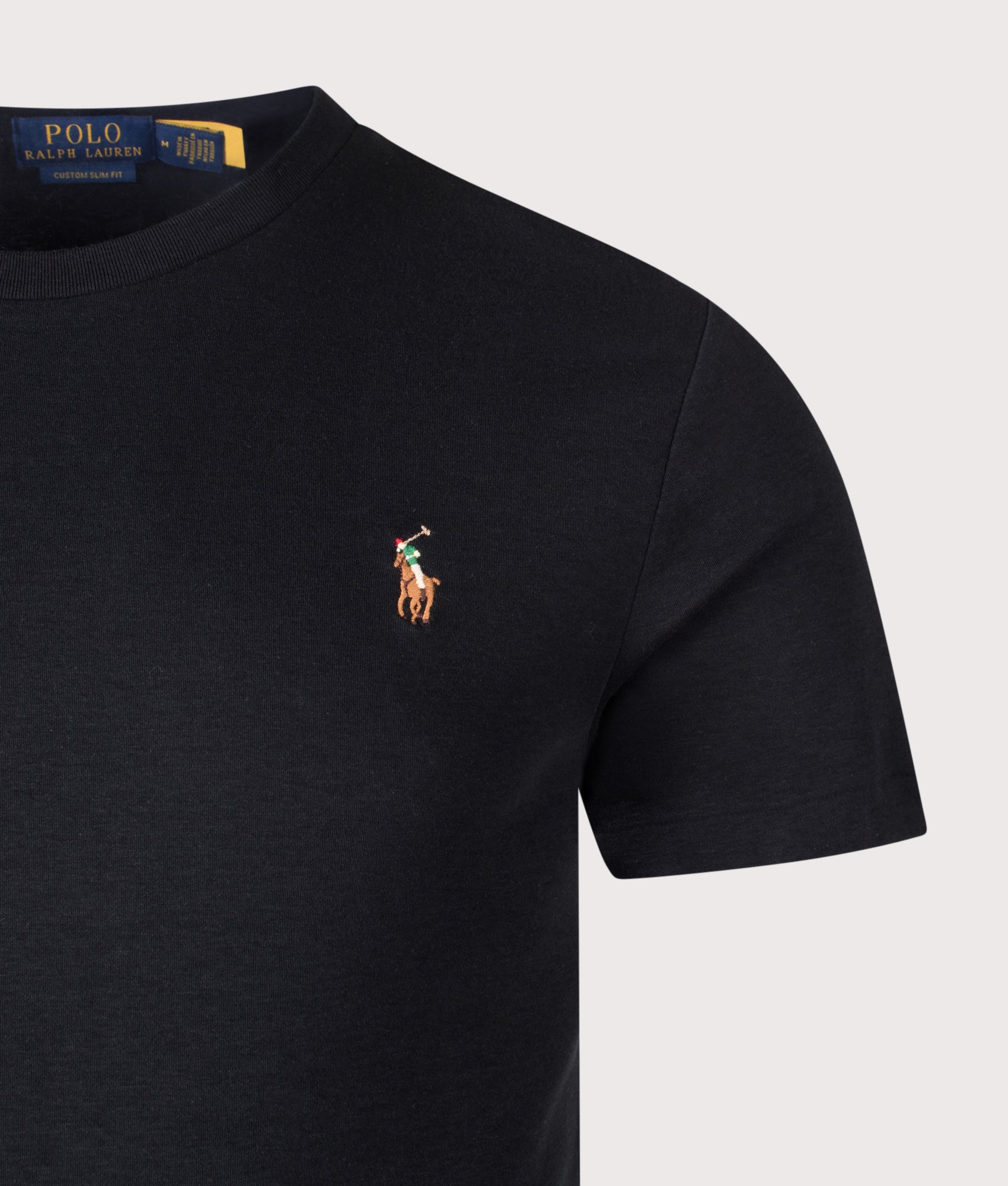 Polo Ralph Lauren Custom Slim Fit Pima T-Shirt in Polo Black at EQVVS Menswear. Detail shot.