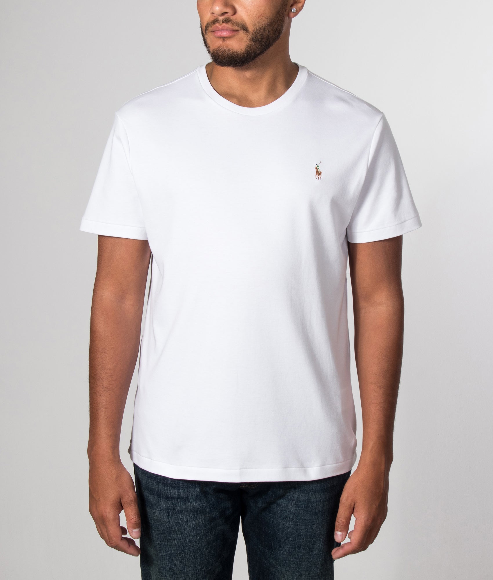 Polo Ralph Lauren Custom Slim Fit Pima T-Shirt in White at EQVVS Menswear. Model front shot.