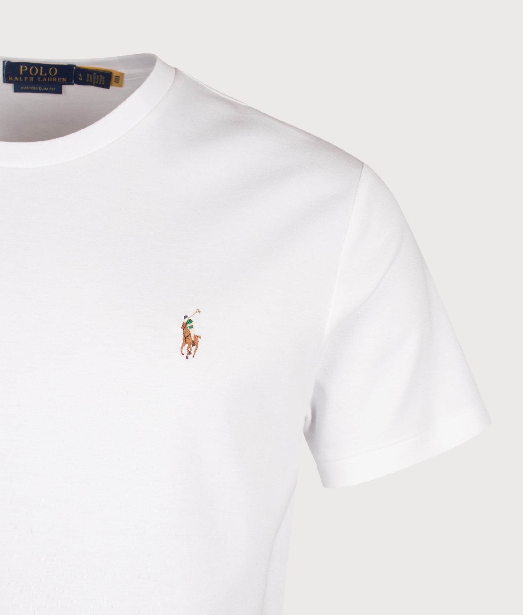 Polo Ralph Lauren Custom Slim Fit Pima T-Shirt in White at EQVVS Menswear. Detail shot.