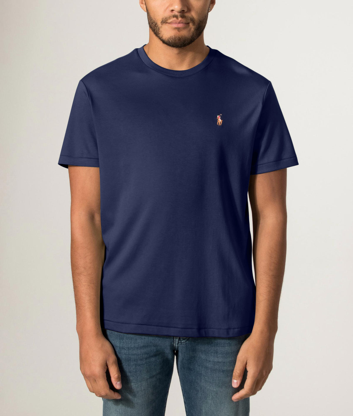 Polo Ralph Lauren Custom Slim Fit Pima T-Shirt in French Navy at EQVVS Menswear. Front model shot.