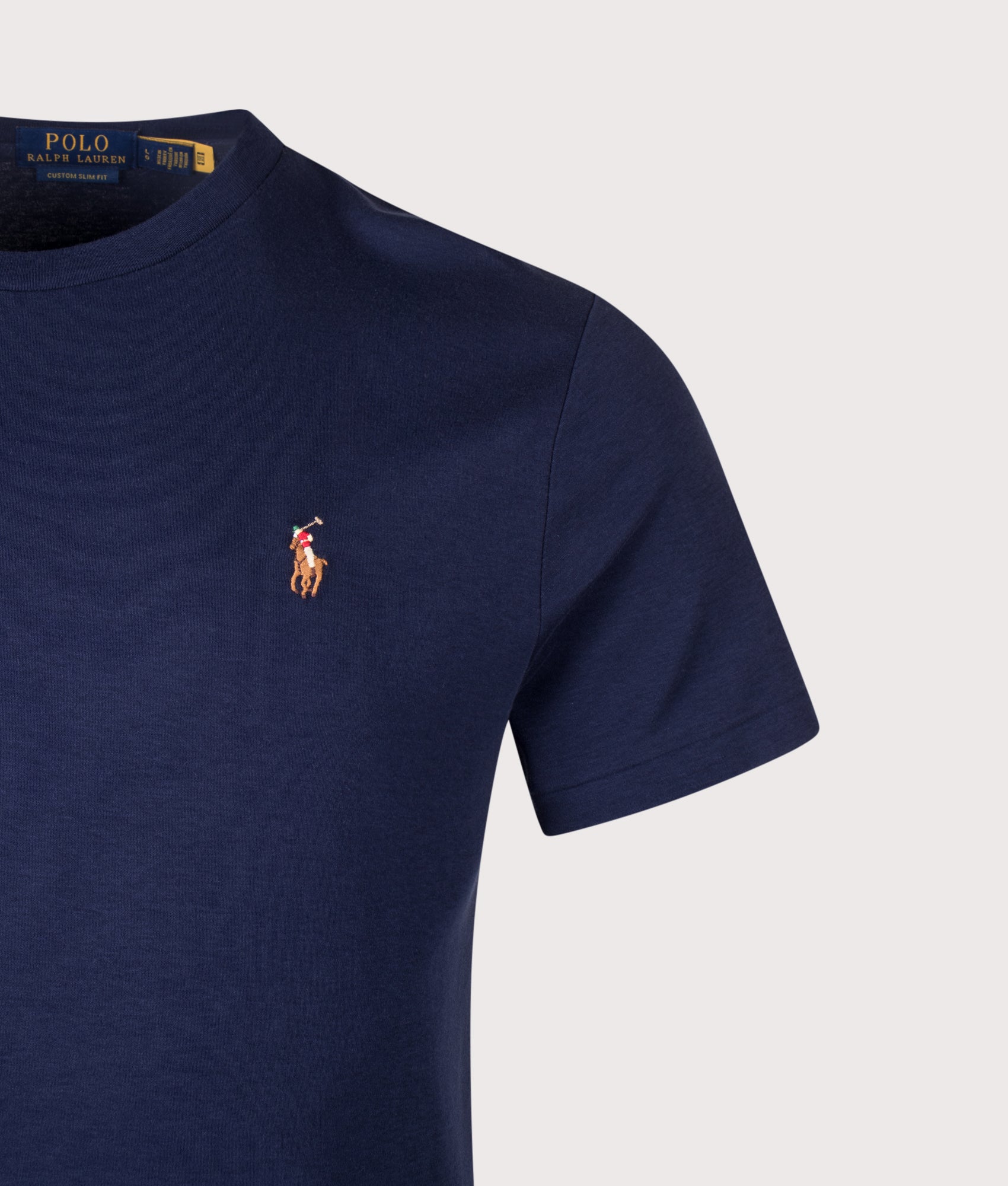 Polo Ralph Lauren Custom Slim Fit Pima T-Shirt in French Navy at EQVVS Menswear. Detail shot.