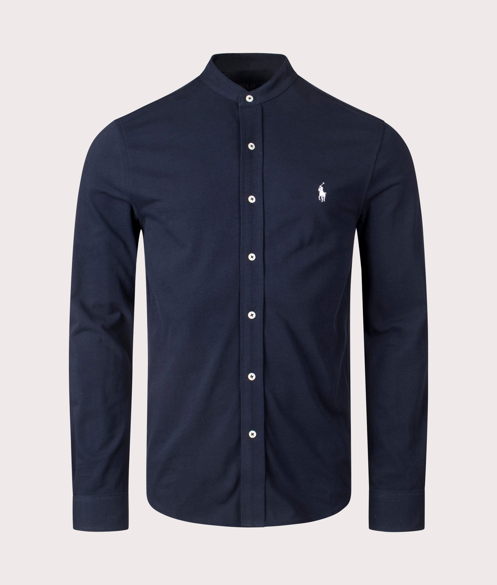 Custom Slim Fit Featherweight Mesh Shirt by Polo Ralph Lauren in Aviator Navy. Shot by EQVVS. Front shot.