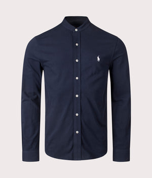 Custom Slim Fit Featherweight Mesh Shirt by Polo Ralph Lauren in Aviator Navy. Shot by EQVVS. Front shot.