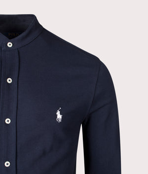 Custom Slim Fit Featherweight Mesh Shirt by Polo Ralph Lauren in Aviator Navy. Shot by EQVVS. Detail shot.
