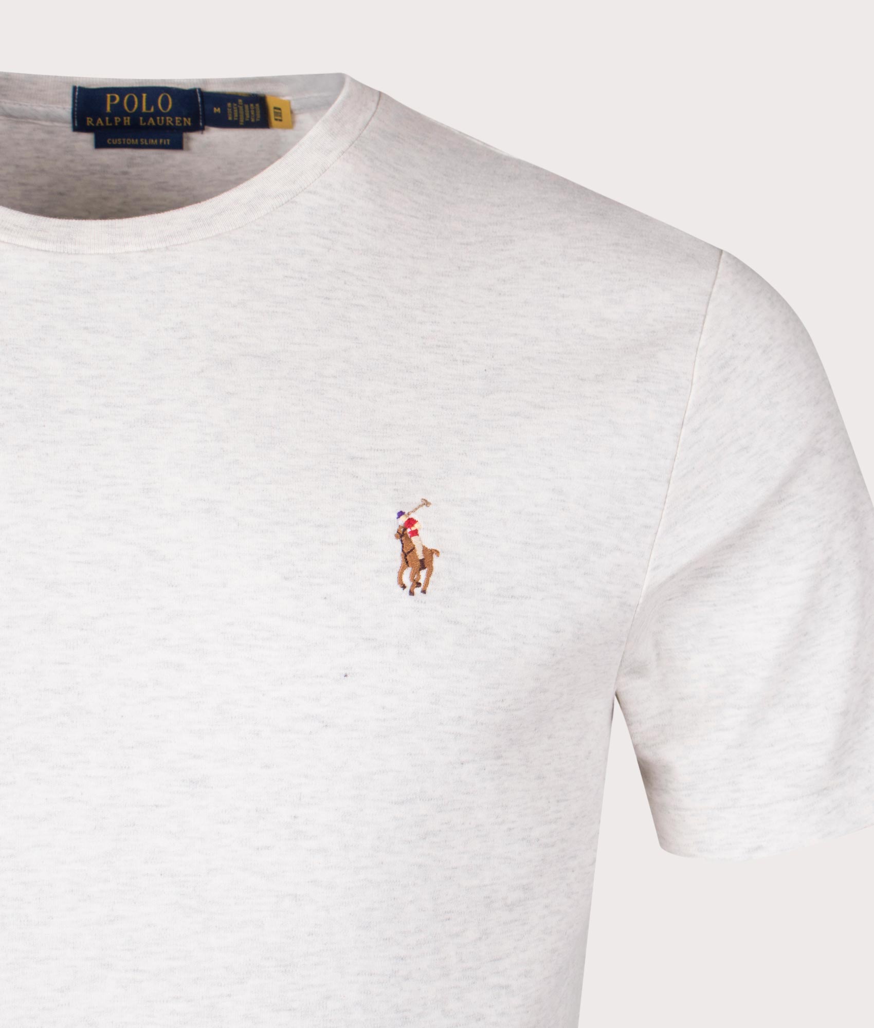 Custom Slim Fit Pima Polo T-Shirt in State Heather by Polo Ralph Lauren. EQVVS Detail Shot.