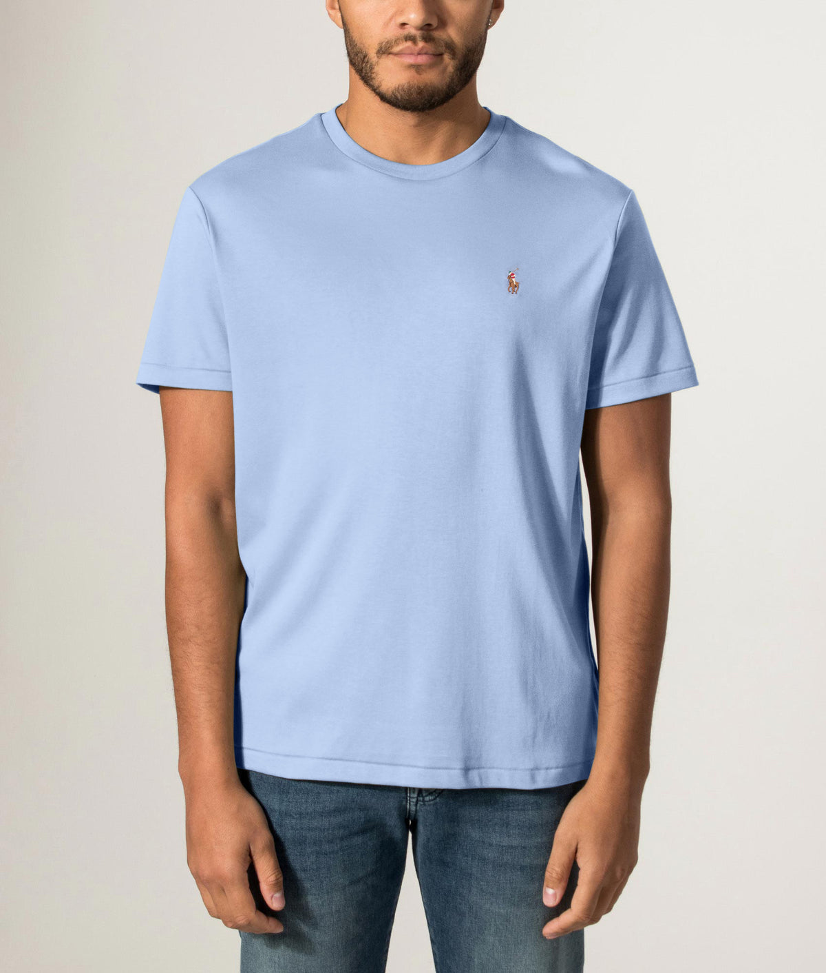 Polo Ralph Lauren Custom Slim Fit Pima T-Shirt in Jamaica Heather at EQVVS Menswear. Front model shot.