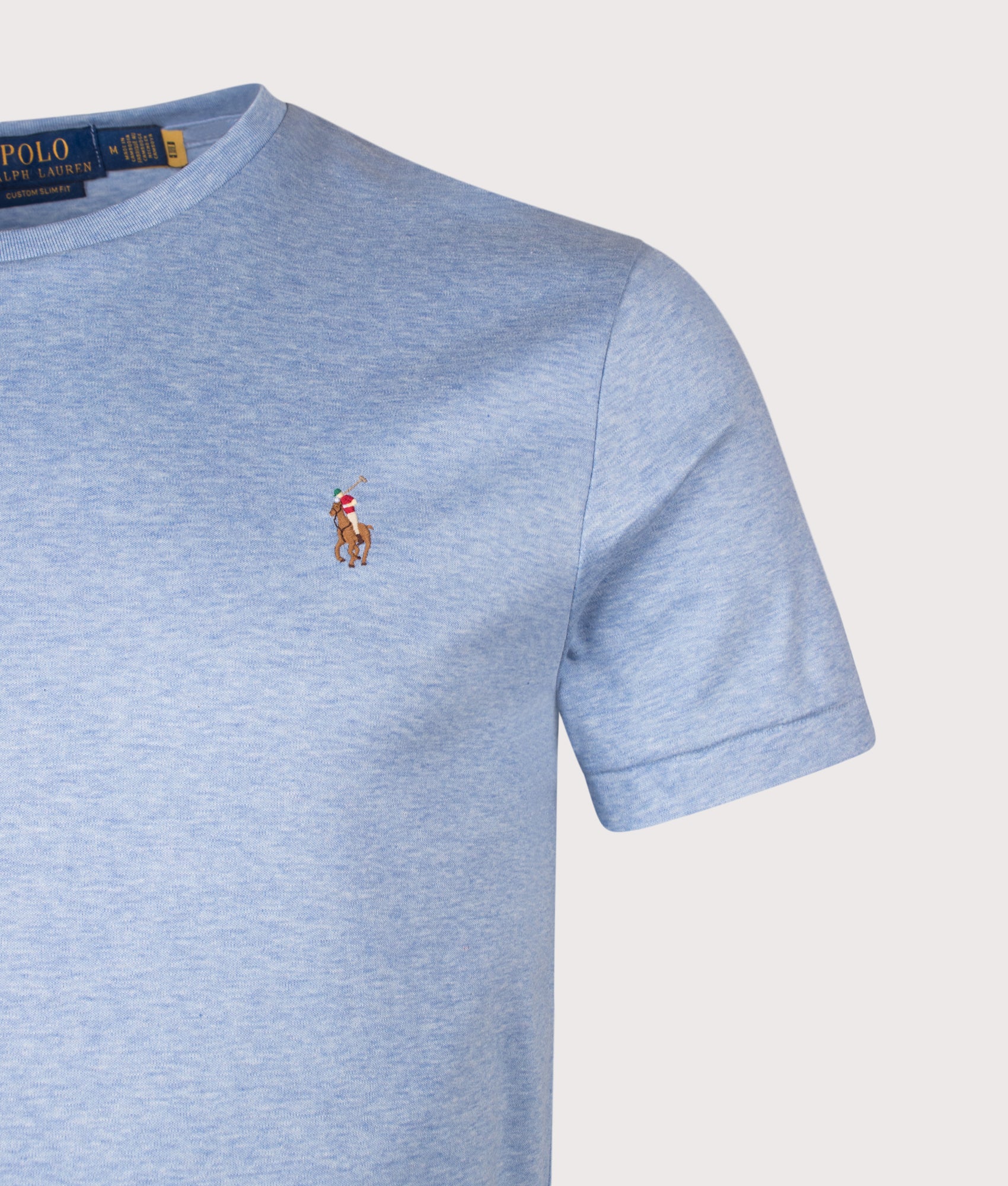 Polo Ralph Lauren Custom Slim Fit Pima T-Shirt in Jamaica Heather at EQVVS Menswear. Detail shot.