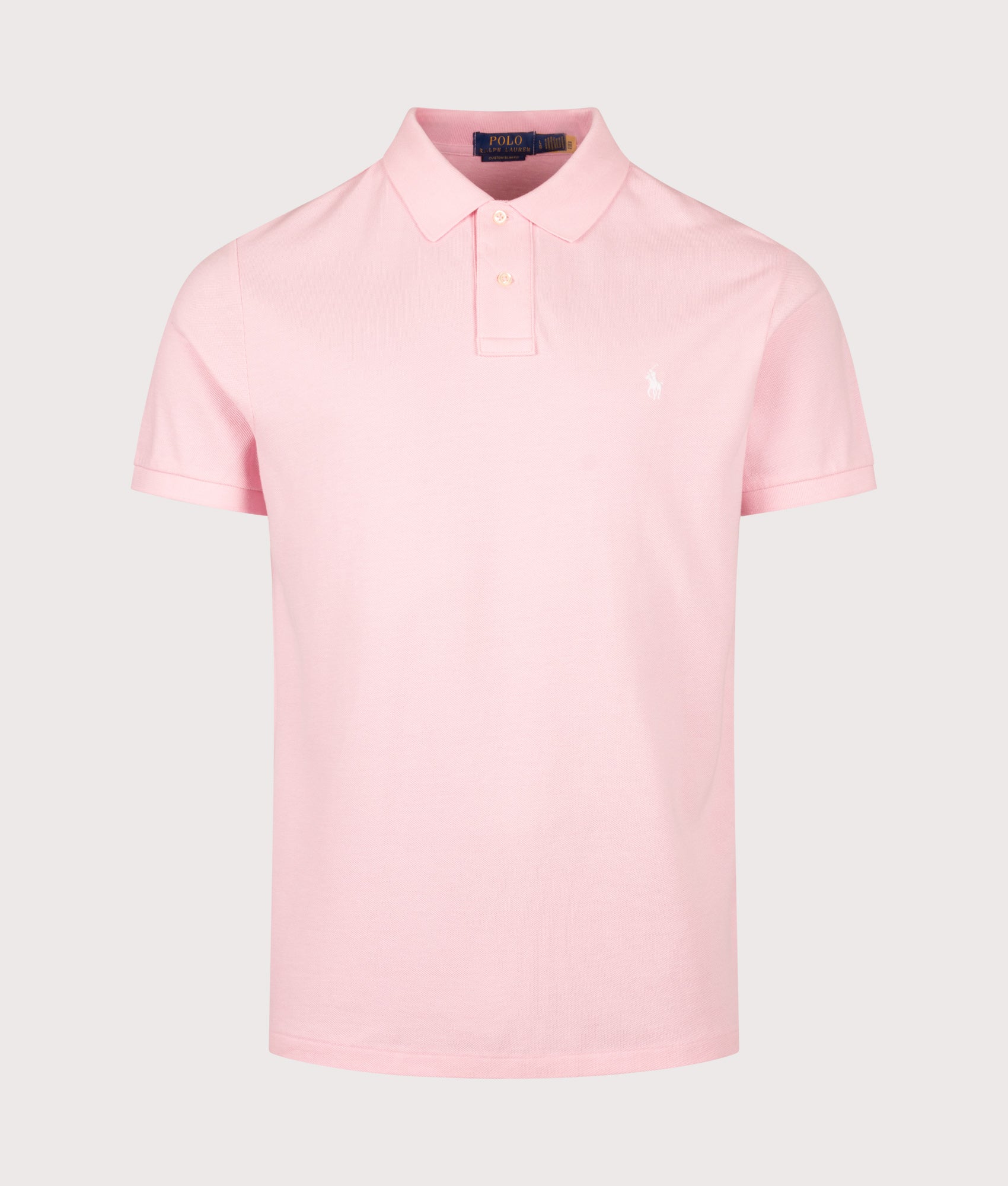 Polo Ralph Lauren Custom Slim Fit Mesh Polo Shirt in Garden Pink at EQVVS Menswear. Front shot.
