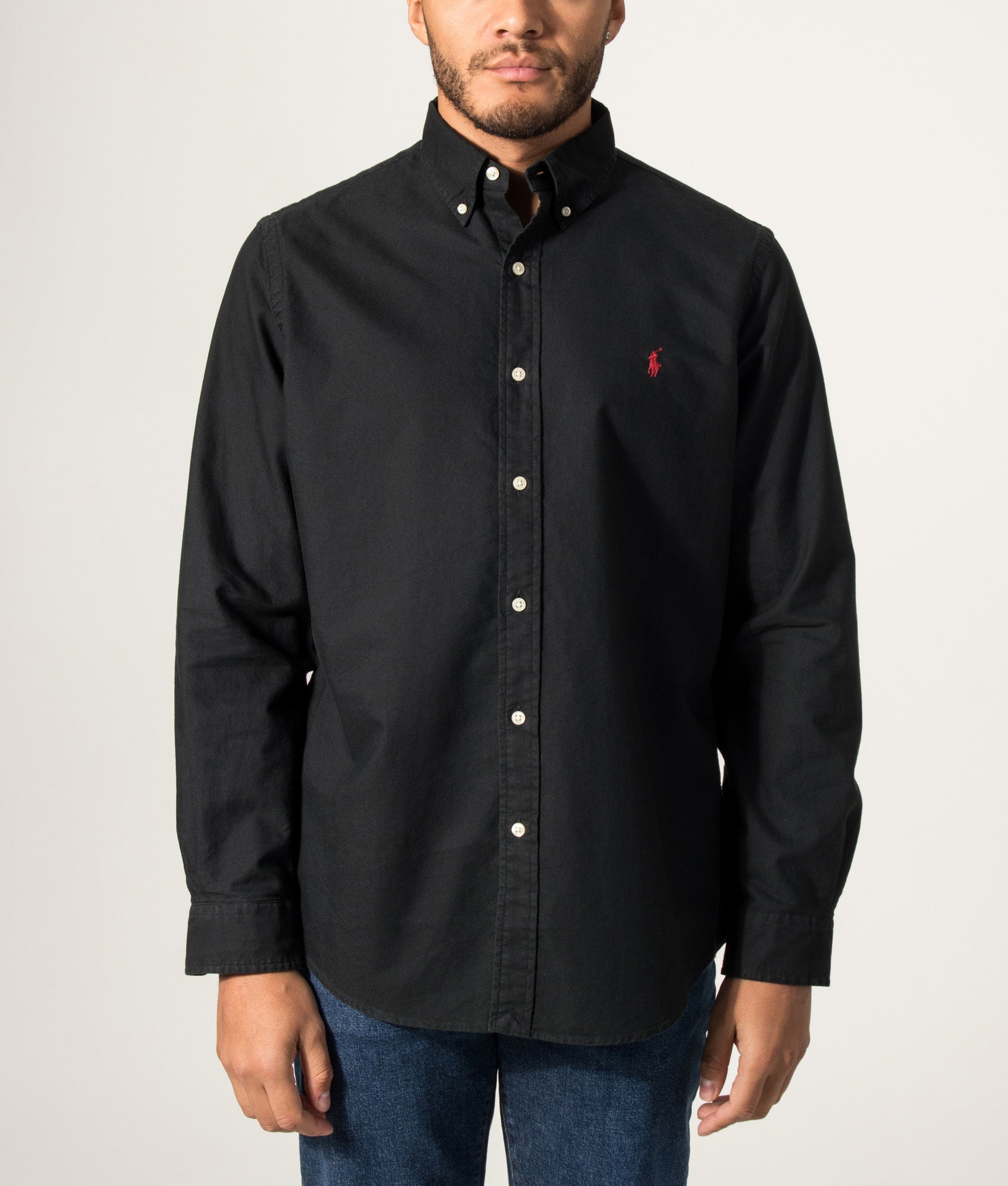 Polo Ralph Lauren Custom Fit Oxford Shirt in Polo Black at EQVVS Menswear. Model front shot.