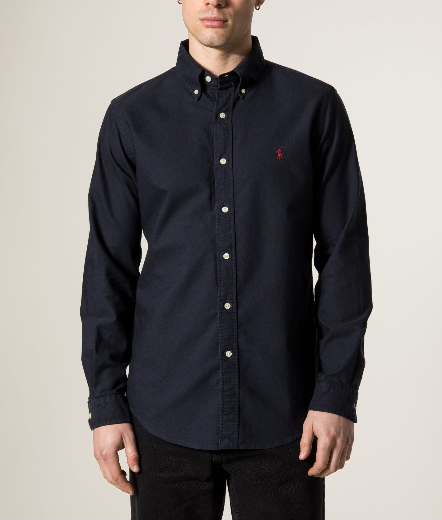 Polo Ralph Lauren Custom Fit Oxford Shirt in Navy at EQVVS Menswear. Model shot.