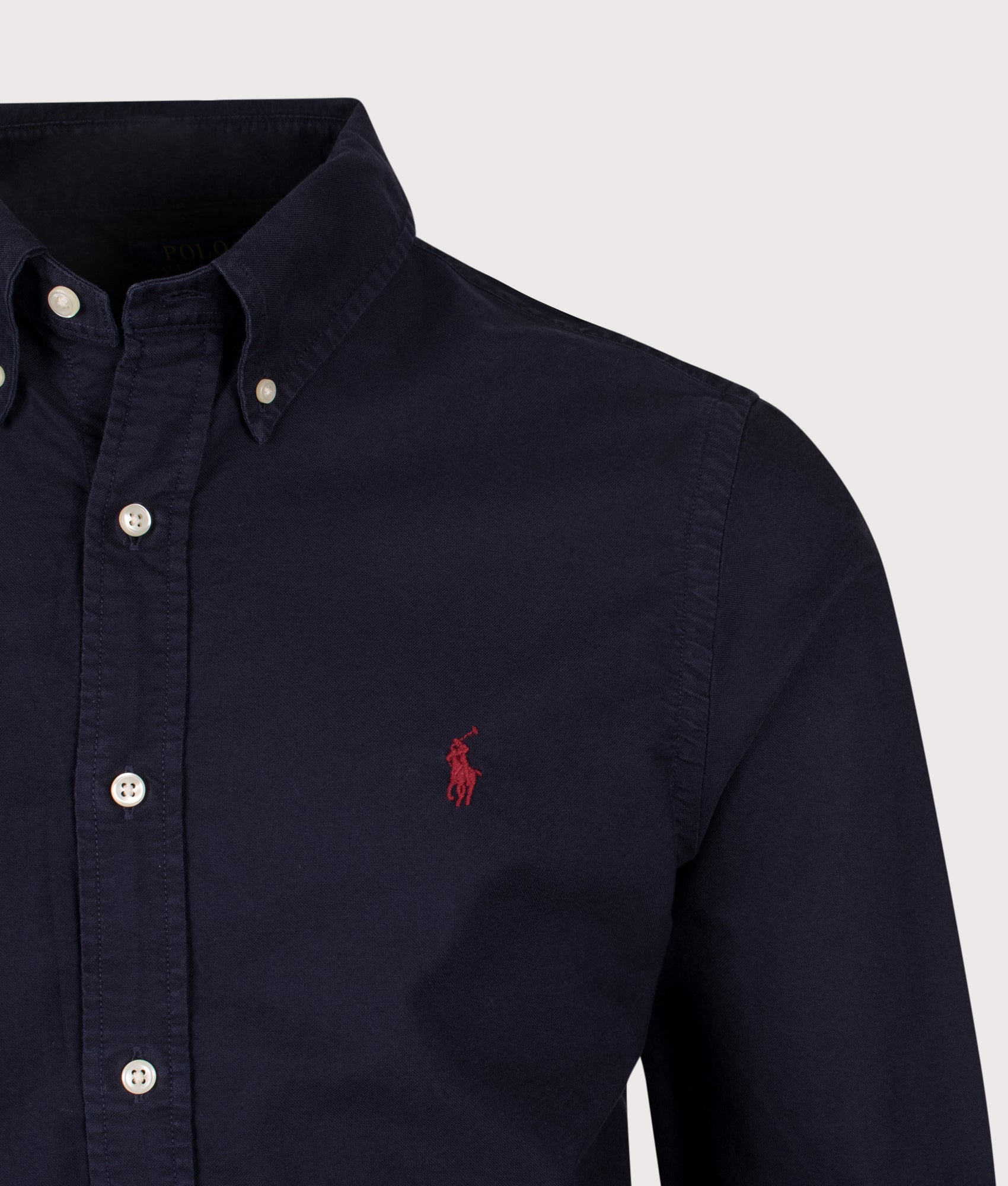 Polo Ralph Lauren Custom Fit Oxford Shirt in Navy at EQVVS Menswear. Detail shot.