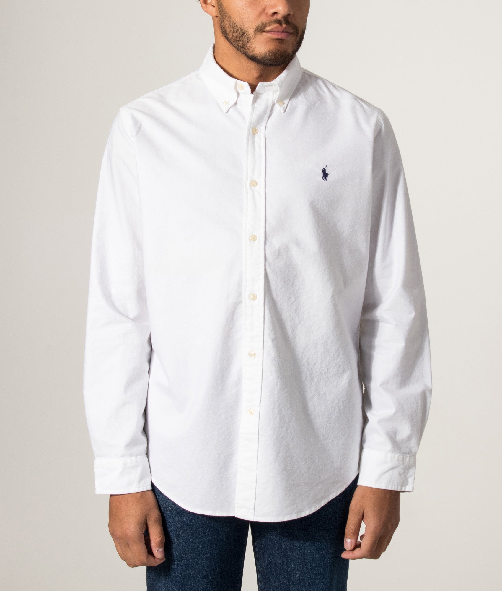 Polo Ralph Lauren Custom Fit Oxford Shirt in White at EQVVS Menswear. Model front shot.