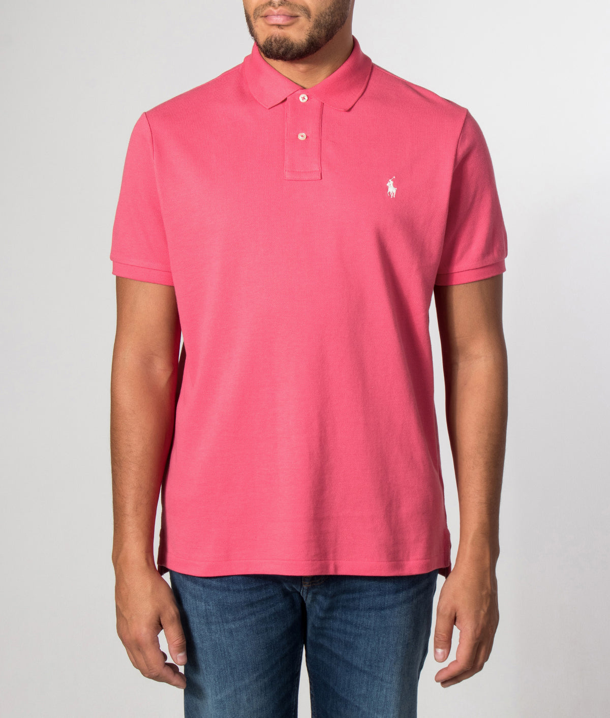 Polo Ralph Lauren Custom Slim Fit Mesh Polo Shirt in Hot Pink at EQVVS Menswear. Model front shot.