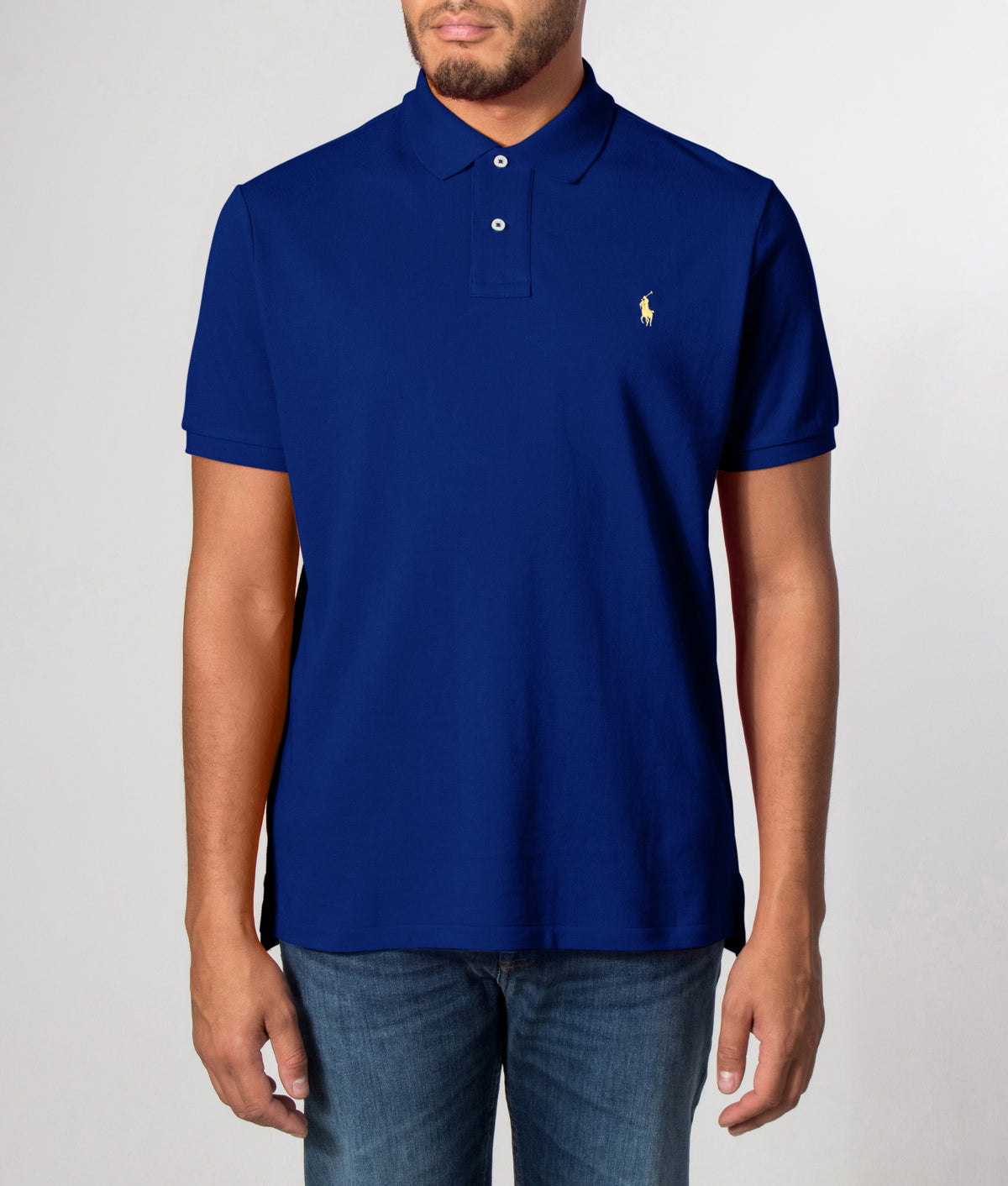 Custom-Slim-Fit-Mesh-Polo-Shirt-Fall-Royal-Polo-Ralph-Lauren-EQVVS. Front model shot.