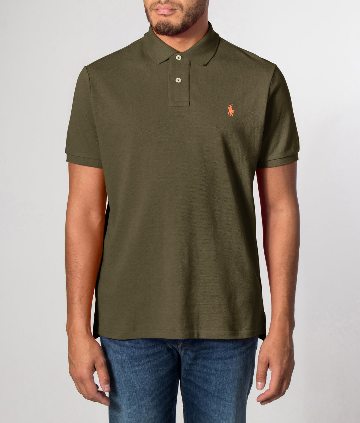 Custom-Slim-Fit-Mesh-Polo-Shirt-Canopy-Olive-Polo-Ralph-Lauren-EQVVS. Front model shot 