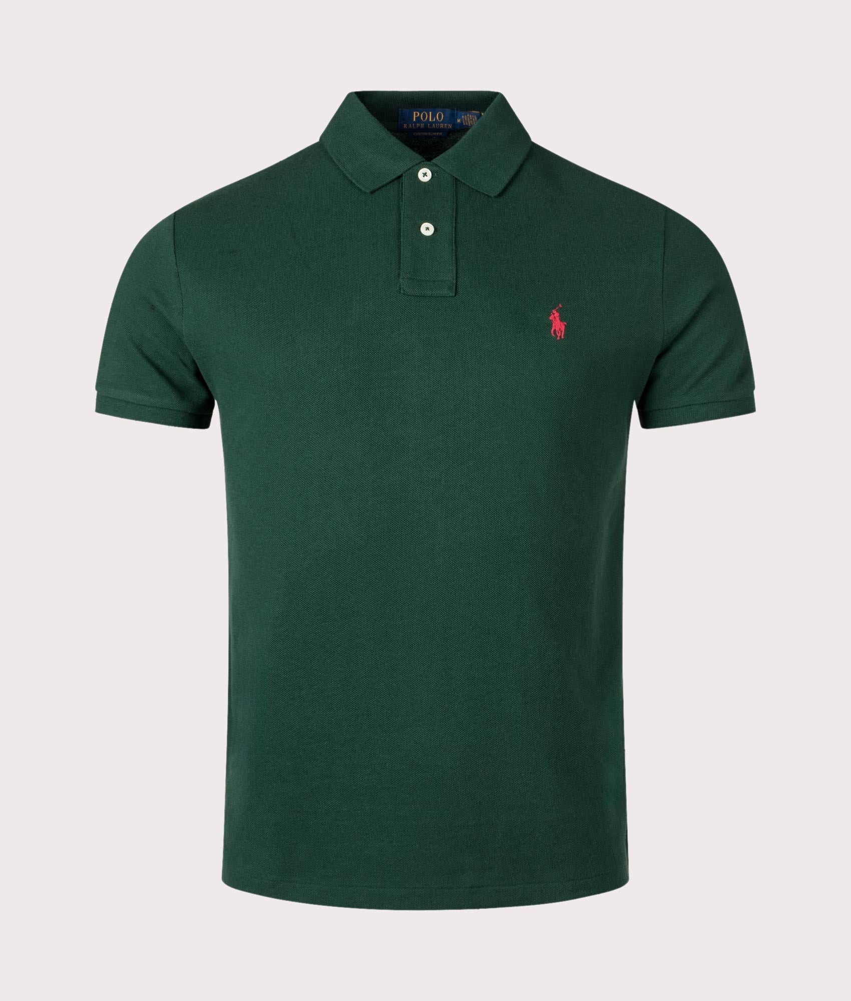 Polo Ralph Lauren Custom Slim Fit Mesh Polo Shirt in College Green at EQVVS Menswear. Front shot.