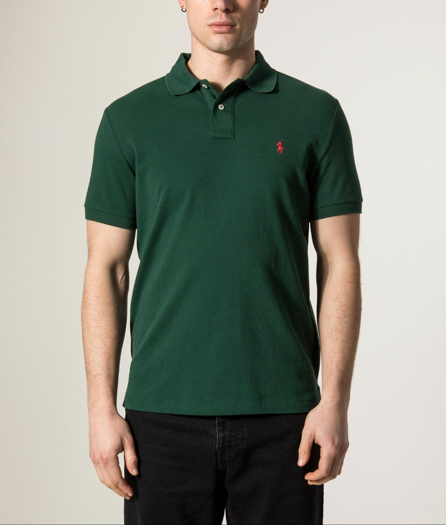 Polo Ralph Lauren Custom Slim Fit Mesh Polo Shirt in College Green at EQVVS Menswear. Model shot.